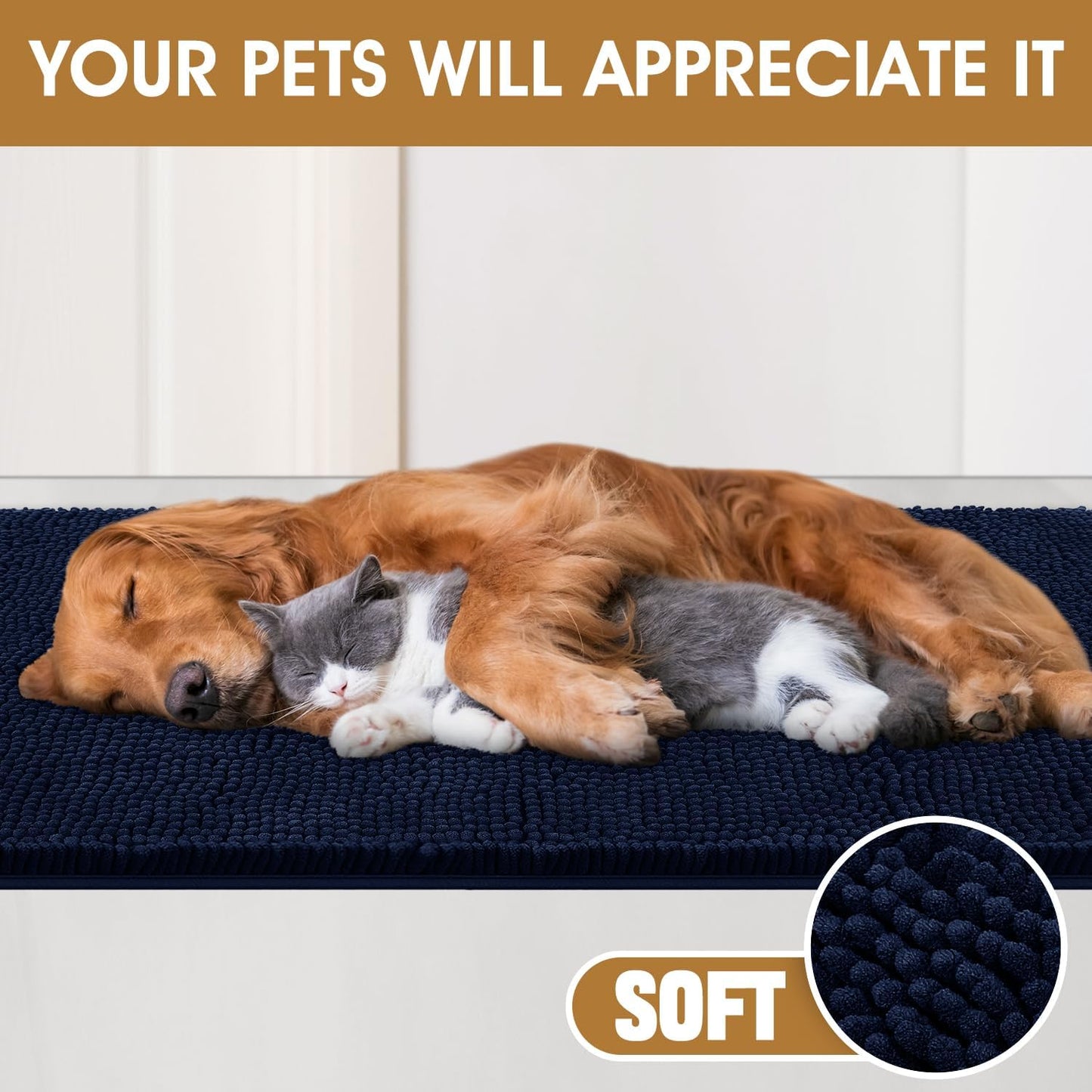 Dog Door Mats for Muddy Paws, Chenille Absorbent Dog Mats, Non Slip Heavy Mud Mat for Dogs, Soft Pet Mat for Entryway, Mud Paws, Inside Floor,48" x 38", Navy Blue