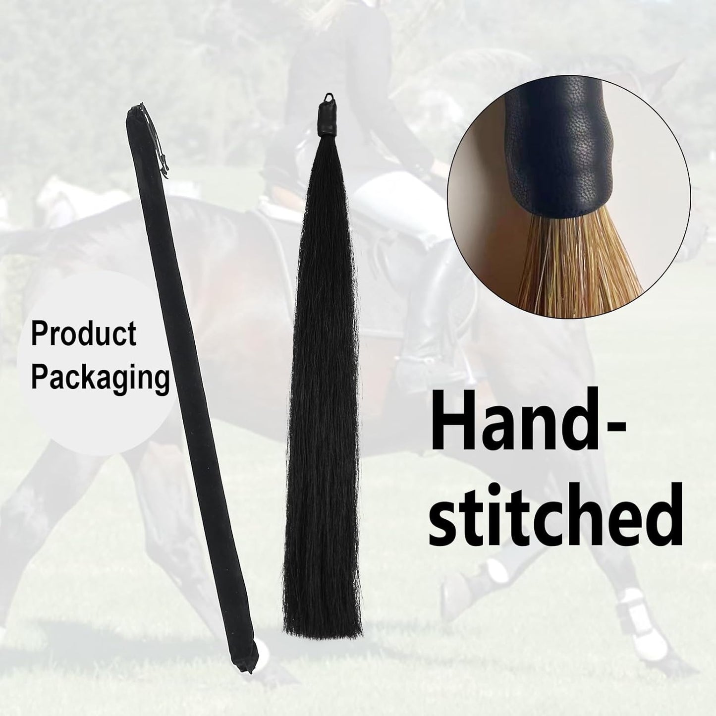 Horse Tail Extension with Braided Horsehair Loop, Blunt Cut Bottom, 3/8 lb, 28-30 inches (Jet Black)