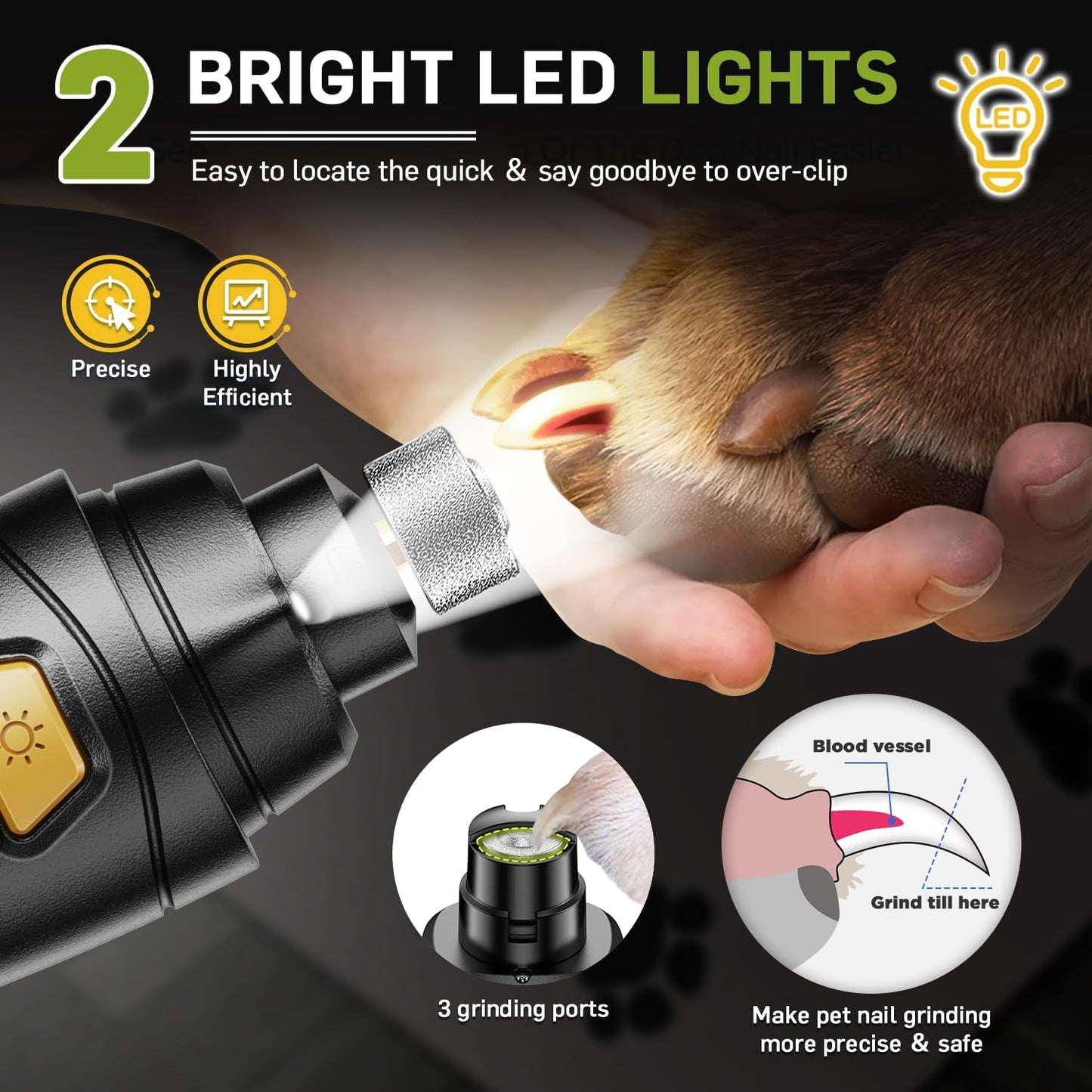 Dog Nail Grinder & Clipper 2-in-1 Set - 25dB Ultra Quiet with 3 Grinding Wheels & 2 LED Lights, Rechargeable for Large/Puppy Dogs & Cats, 3-Speed Adjustable for Anxious Pets