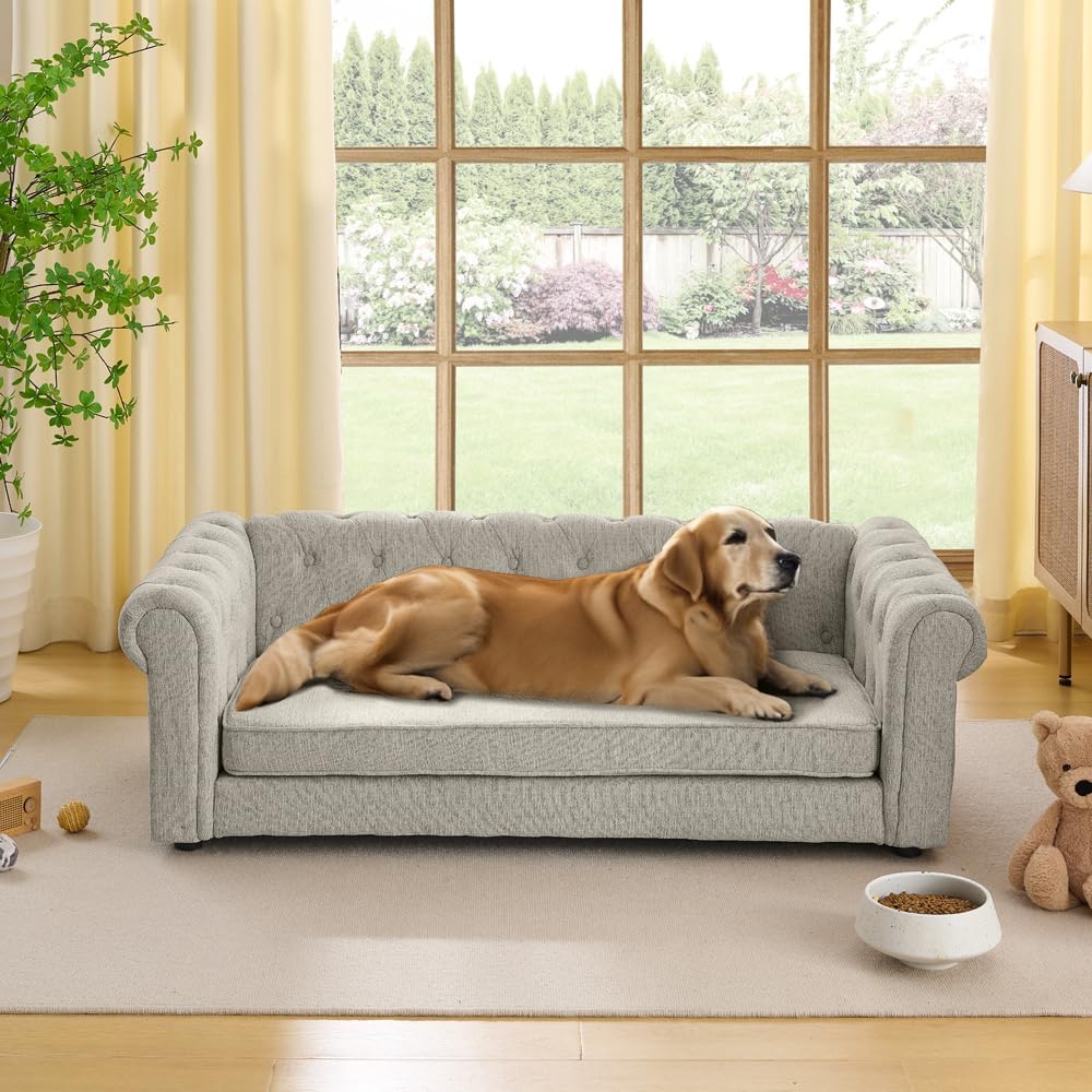 Dog Sofa Couch for Medium to Large Dogs, 55" Memory Foam Pet Sofa Couch with Washable Fabric, Durable Elevated Dog Bed with Legs, Removable Cushion for Medium and Large Dogs, Beige