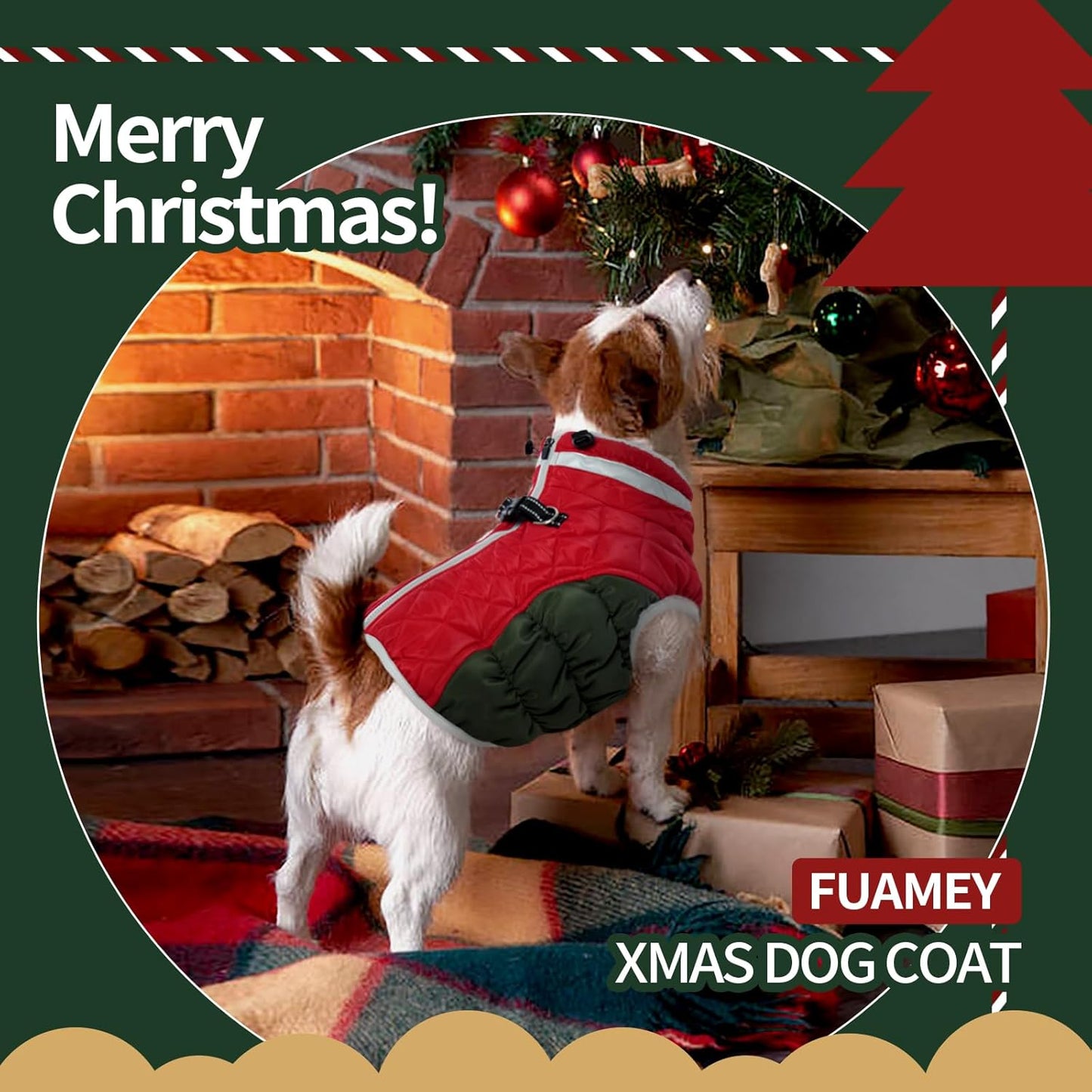 FUAMEY Dog Coat for Medium Dogs,Waterproof Dog Winter Jacket with Harness Built in Puppy Cold Weather Coats Reflective Pet Vest with Zipper Warm Fleece Dogs Snowsuit Windproof Christmas M
