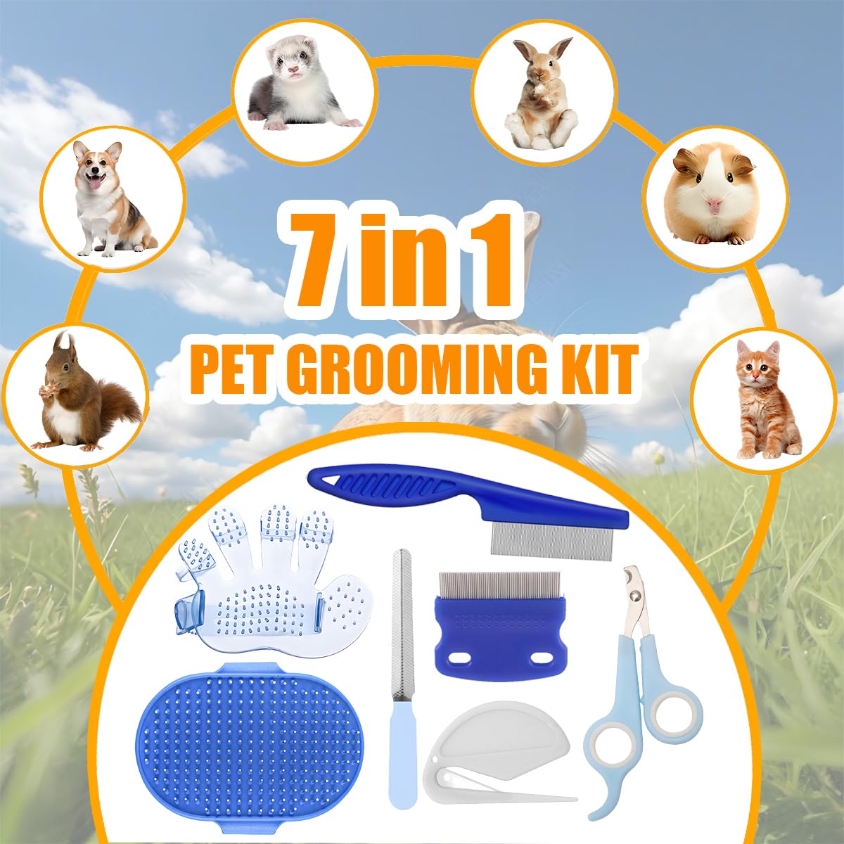 Rabbit Grooming Kit β Bunny Grooming Kit with Shedding Brush, Nail Clippers & Comb β Small Animal Grooming Supplies for Rabbits, Guinea Pigs, Hamsters, Ferrets - Small Pet Shedding & Care (Blue)