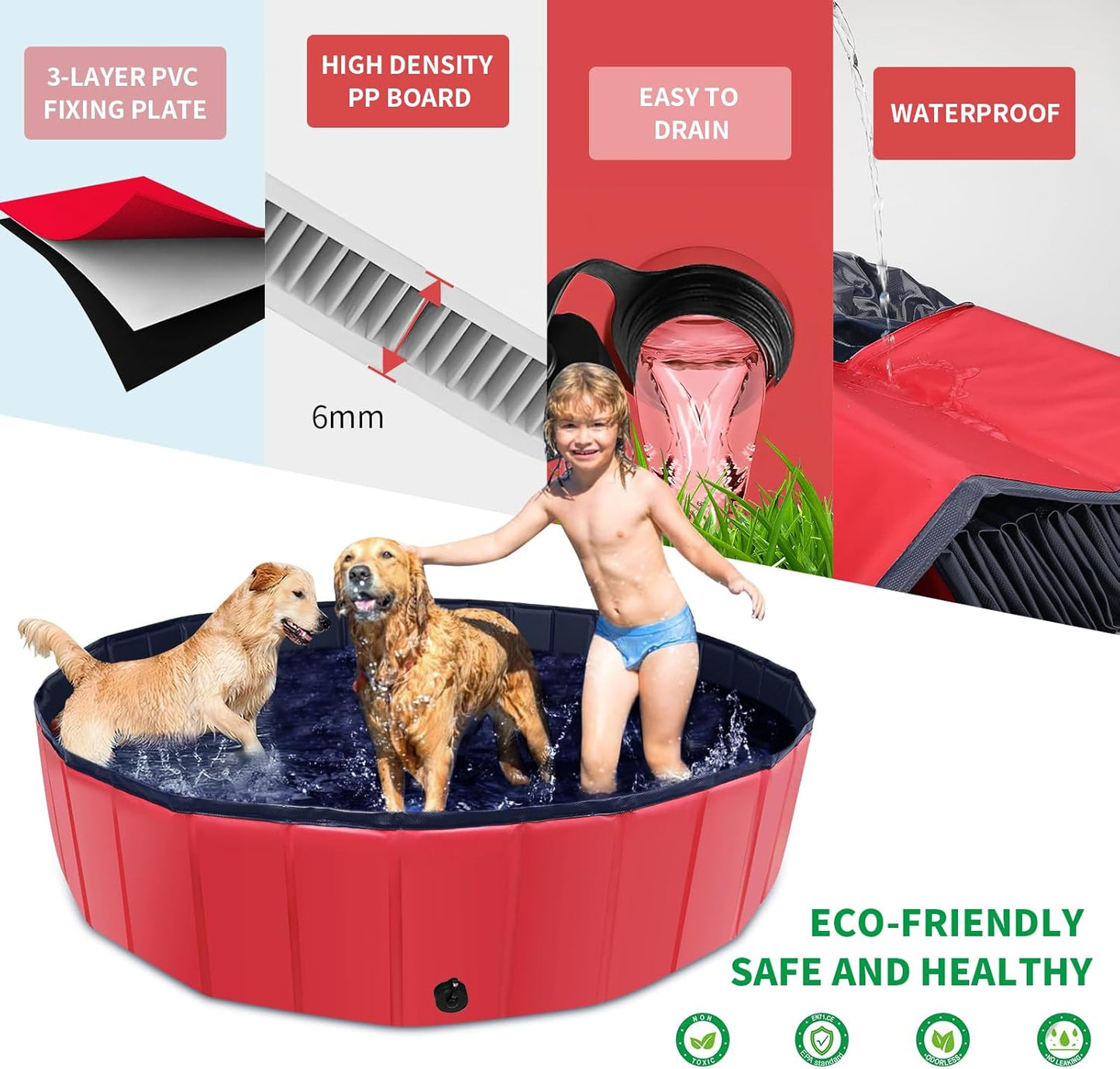 Foldable Dog Pool, 55" x 12" Kiddie Pool with Hard Plastic, Non-Slip Dog Bath Tub for Outdoor Backyard, Collapsible Dog Swimming Pool for Kids Dogs Pets (Red)