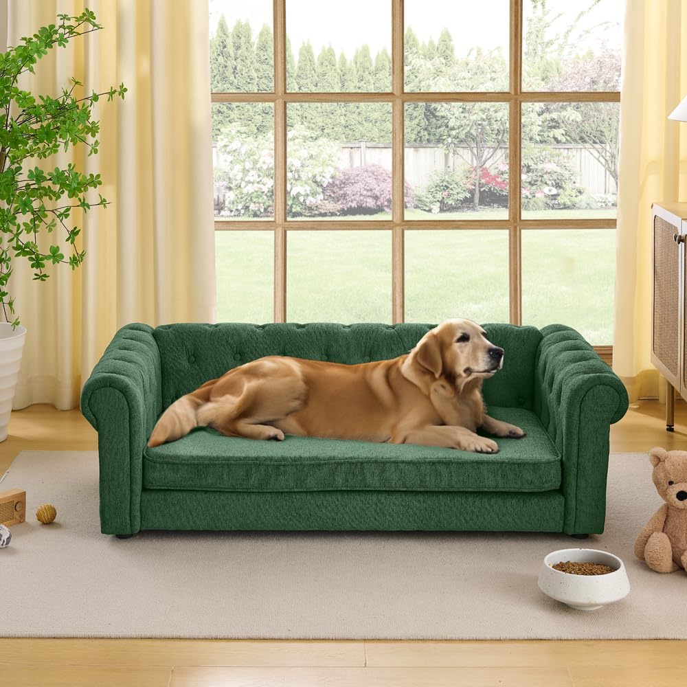 Dog Sofa Couch for Medium to Large Dogs, 55" Memory Foam Pet Sofa Couch with Washable Fabric, Durable Elevated Dog Bed with Legs, Removable Cushion for Medium and Large Dogs, Green