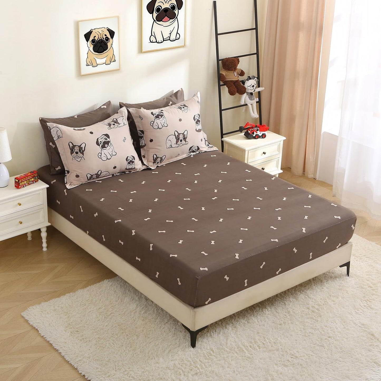 Kids Comforter Set 7 Piece Bedding Cute Dog Cartoon Animal Bed Microfiber Comforter Twin Size All Season (1 Comforter, 1 Flat Sheet, 1 Fitted Sheet, 4 Pillowcase)