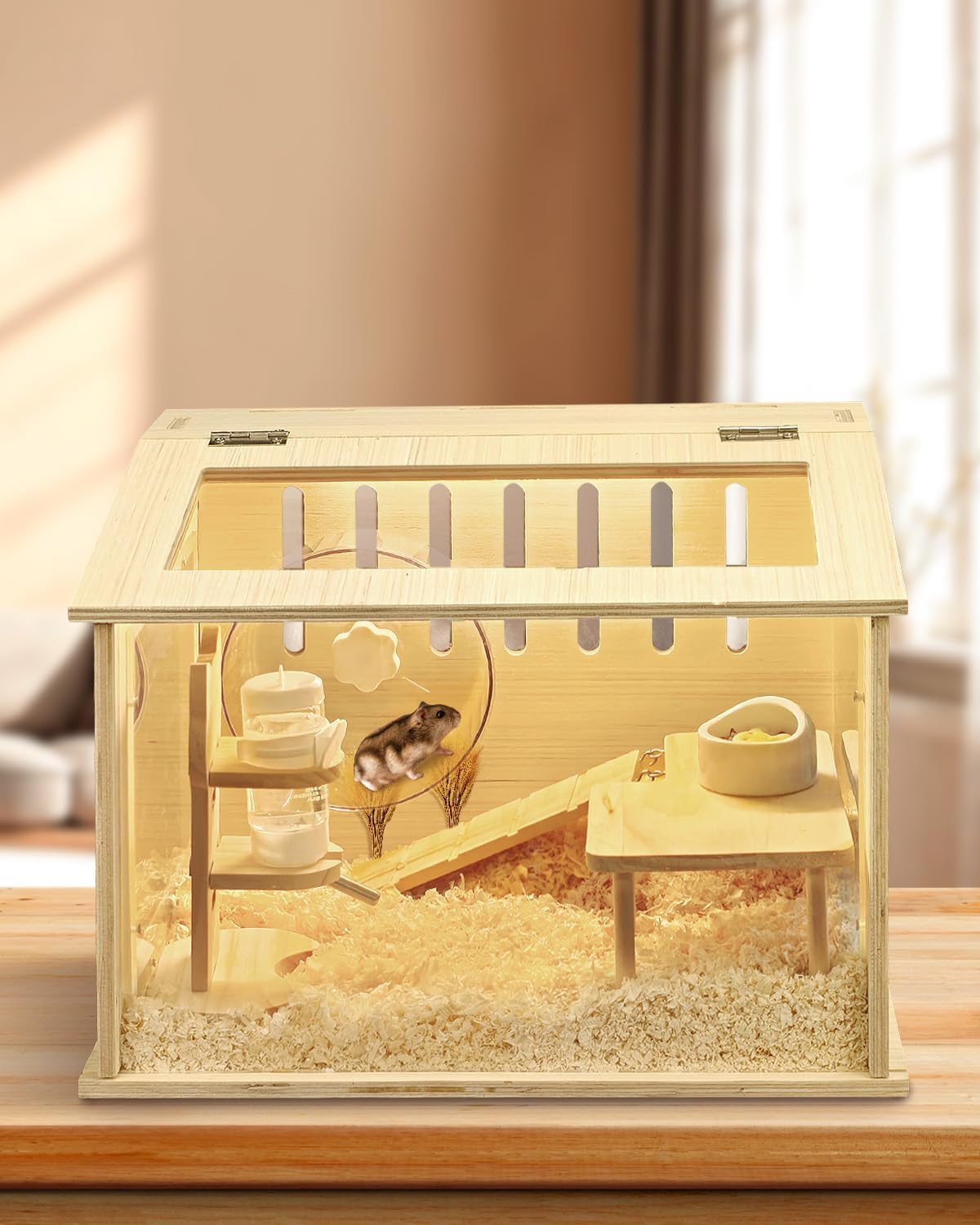 Small Wooden Hamster Cage for Dwarf Hamsters, 15.8" Portable Habitat with Acrylic Panels & Openable Top, Includes Water Bottle & Platform for Robo, Winter White Hamsters & Campbell’s Dwarf Hamsters