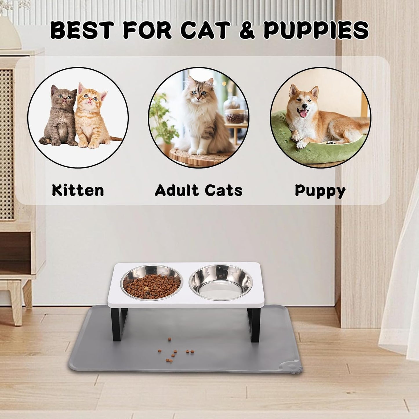 Upgraded Elevated Cat Bowls with Food Mat,15°Tilted Stand Anti Vomiting Raised Cat Dishes for Food and Water,2 Stainless Steel Bowls for Cats and Puppy(White)