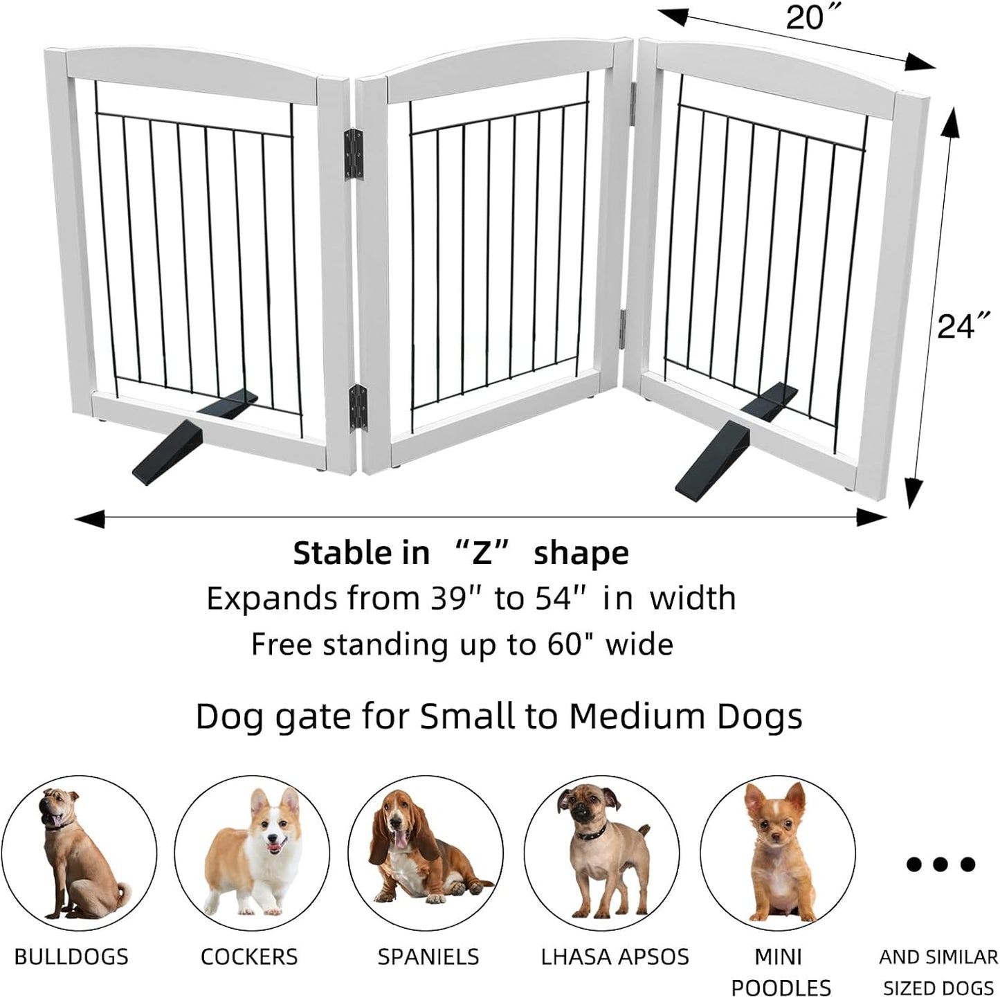 ZJSF Freestanding Dog Fence Indoor, Foldable Dog Gate for Doorways, Stairs or Hallways, Sturdy Wood Extra Wide Pet Gate with Support Feet for The House, White, 24 "Height-3 Panels