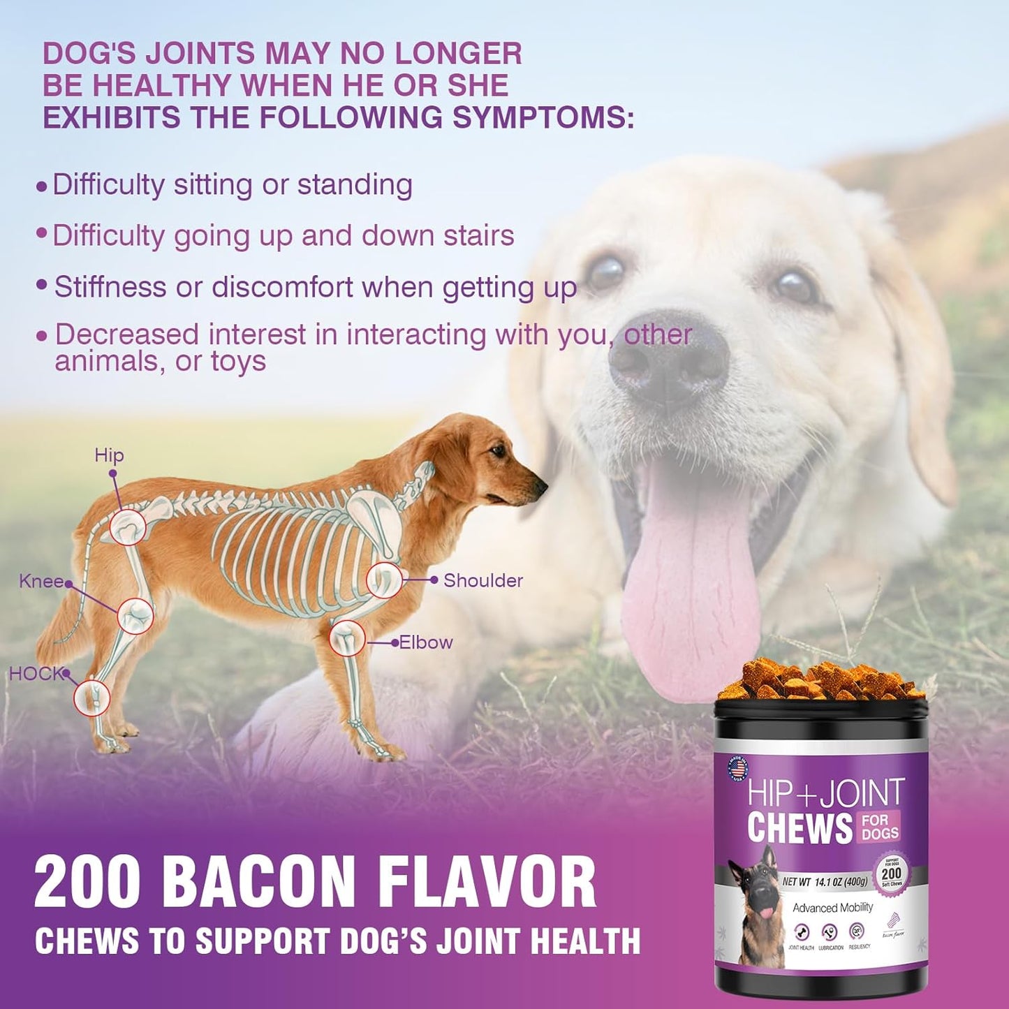 Glucosamine for Dogs 200pcs Joint Support Supplement Dog Hip and Joint Chondroitin Chews Treats with MSM Hemp Dog Joint Pain Relief Mobility Supplements Bacon Flavor Fit All Large Small Medium Breed