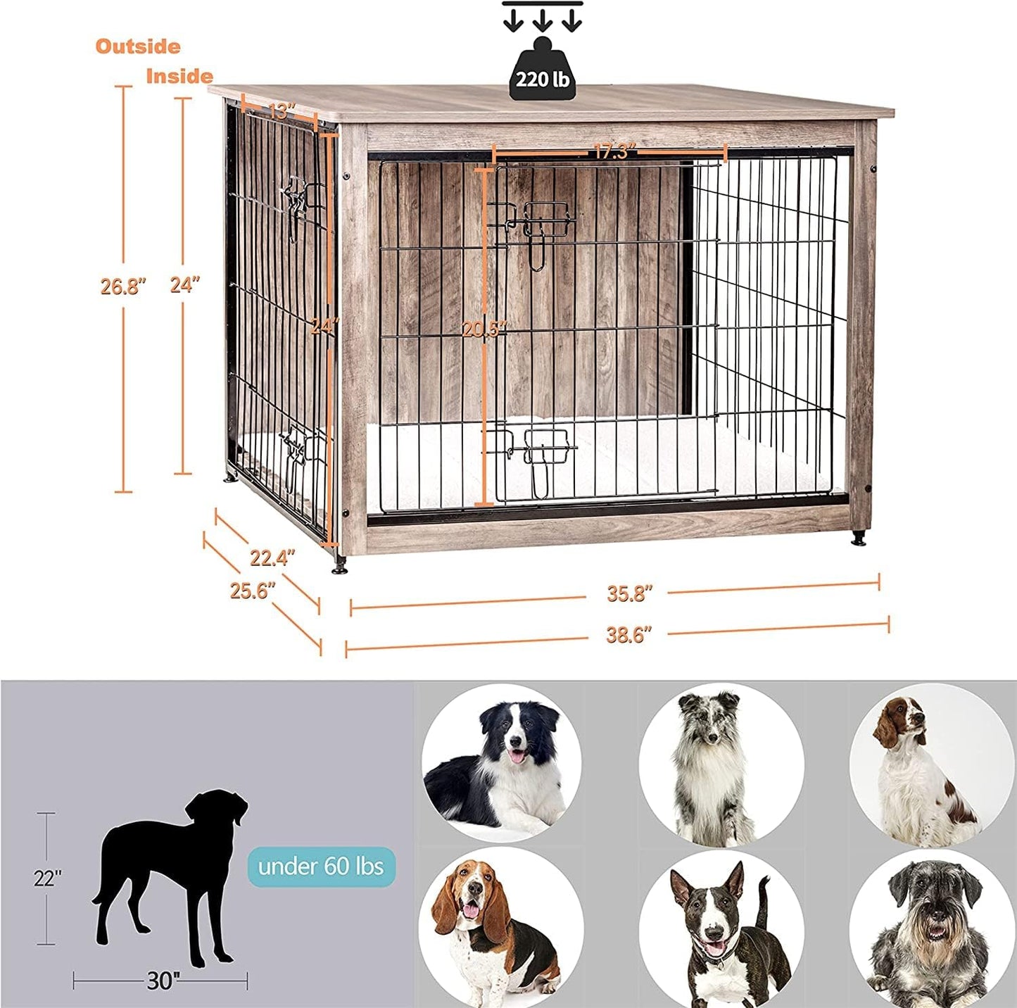 DWANTON Dog Crate Furniture with Cushion, Wooden Kennel Table with Double Doors, Indoor Dog House, Large Size, 38.5" L, Greige