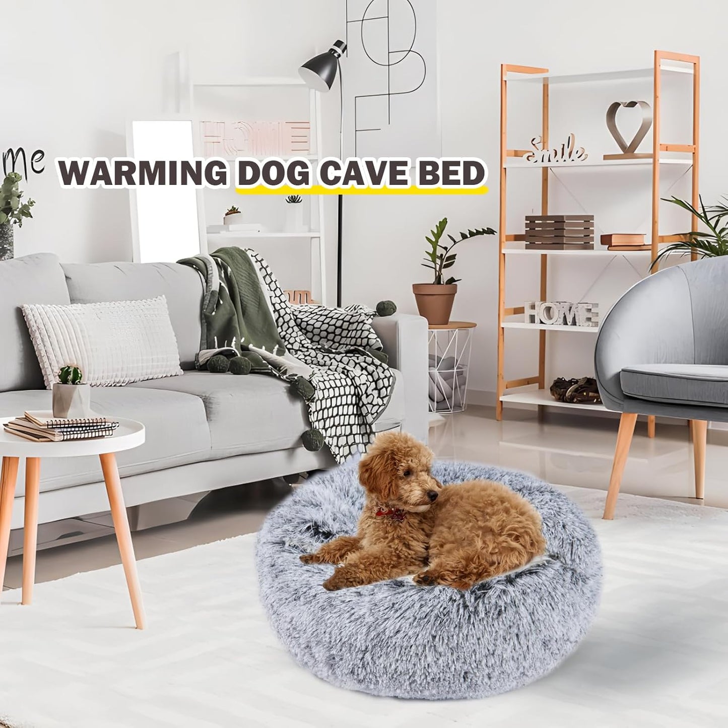 Cat Bed for Indoor Cats, Calming Cozy Cave with Self-Warming Plush, Entire Bed Machine Washable & Anti-Slip Base, Breathable Pet Bed for Small Cats&Dogs All Seasons (Grey, 24 * 24inch)