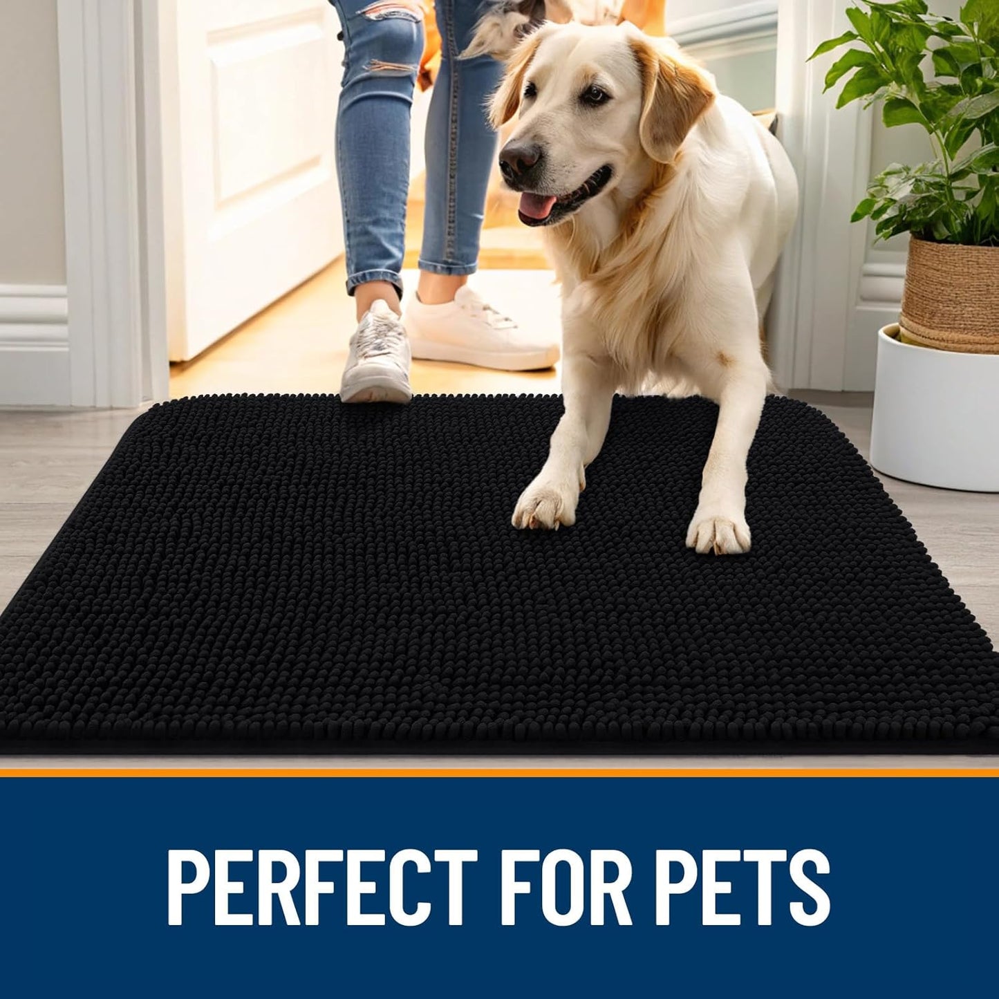 OLANLY Dog Door Mat for Muddy Paws 47x32, Absorbs Moisture and Dirt, Absorbent Non-Slip Washable Doormat, Quick Dry Chenille Mud Mat for Dogs, Entry Indoor Entryway Carpet for Inside Floor, Black
