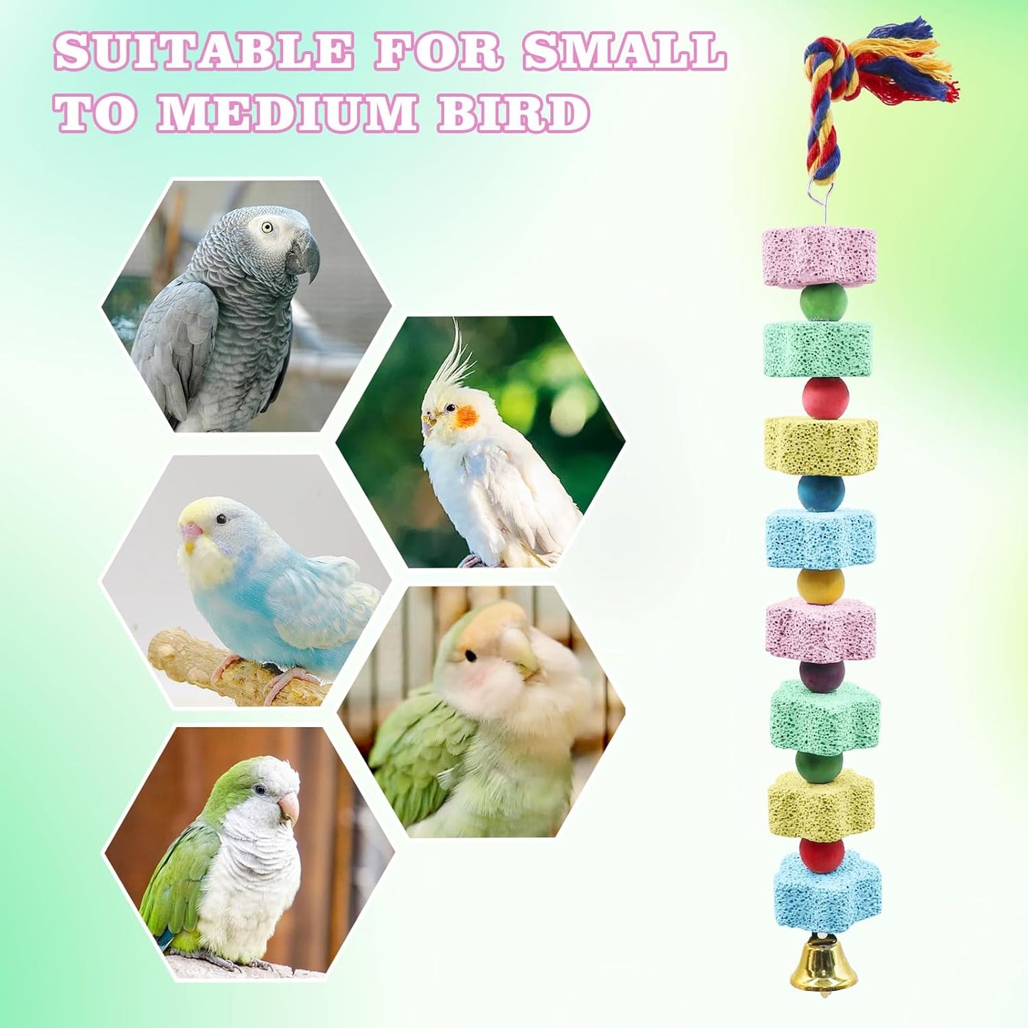 2 Pack Mineral Block Chew Toys with Colorful Beads and a Bell, Bird Beak Grinding Stone, Cage Accessories for African Grey, Budgies, Cockatiels, Small to Medium Birds