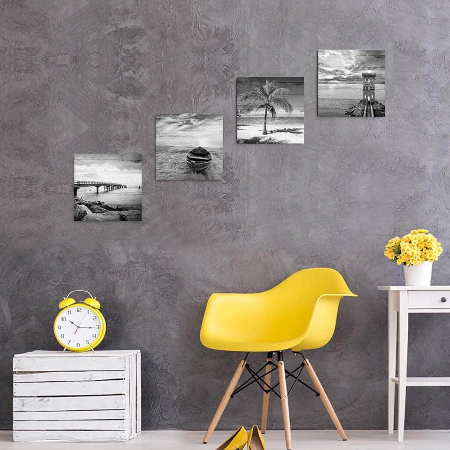 Yxbhhym- Black and White Beach Wall Art Seascape Scenery Canvas Wall Picture Print Sea Palm Poster Painting Office Décor Bedroom Bathroom Wall Art Living Room Home Kitchen Wall Decoration Framed