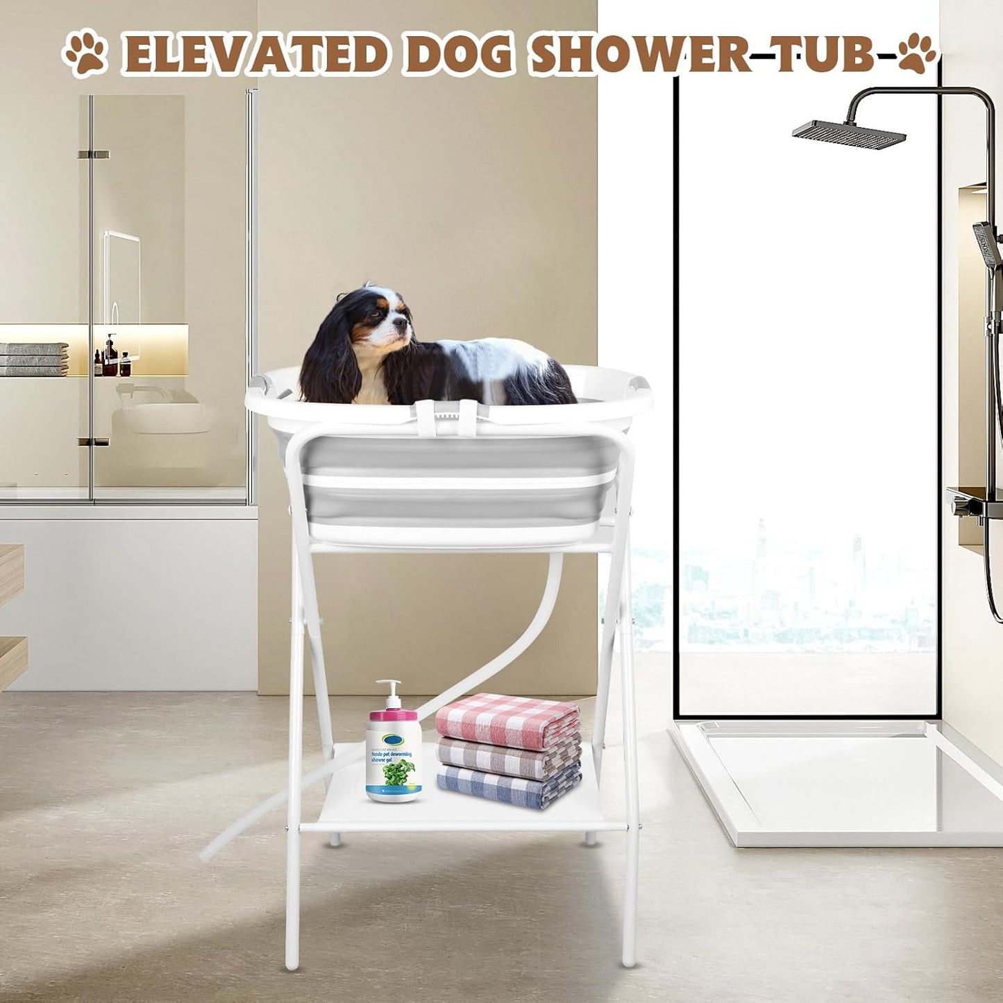 YUEPET Elevated Collapsible Dog Bathtub, Portable Shower Tub with Safety Collar, Foldable Dog Washing Station for Bathing and Grooming for Puppies Medium Dogs Cats Pets