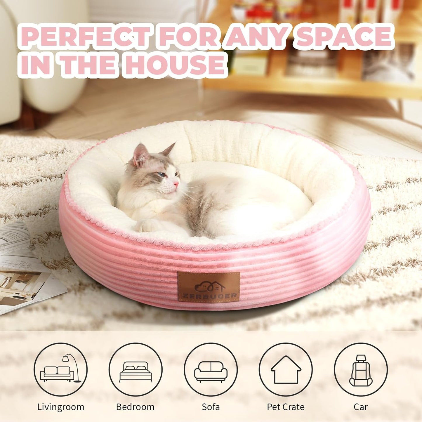 23in Pink Round Cat Dog Bed for Large Medium Small Dogs Cats, Machine Washable Sleeping Sofa, Non-Slip Bottom Breathable Soft Calming Pet Cuddler for Indoor/Outdoor/Car/Cage