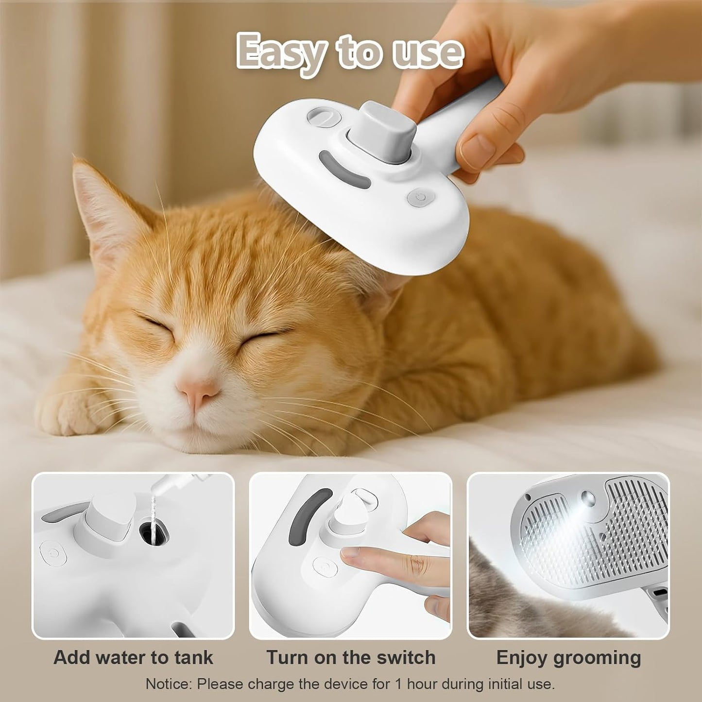 3-in-1 Pet Steam Brush with Self-Cleaning & Cool Mist – Portable Grooming Tool for Cats & Dogs, Long-Lasting Shedding Control & Detangling, Refillable Water Tank & Fast Charging