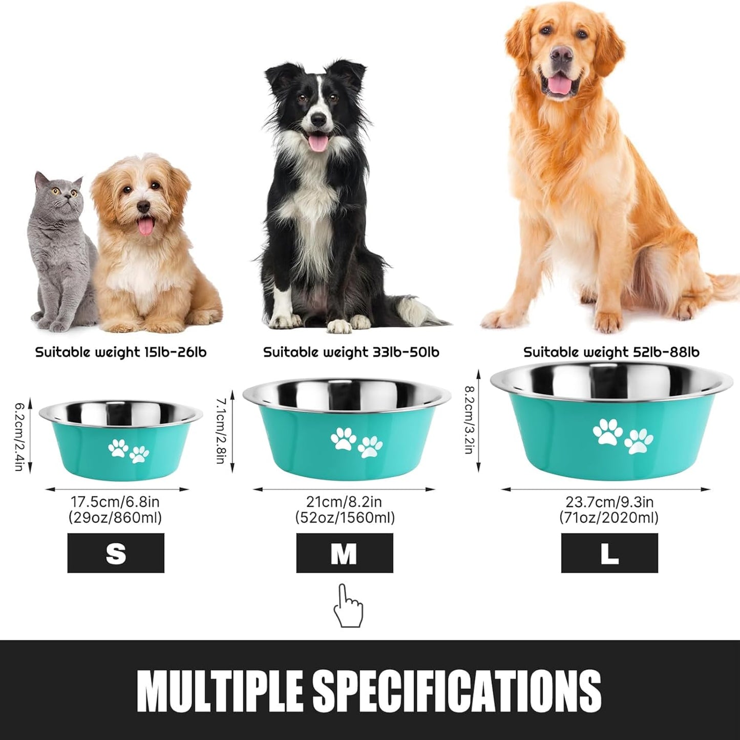 Stainless Steel Dog Bowls, Nonslip Rubber Bottom No Spill Proof Skid Metal Insulated Dog Bowls for Large Medium Small Breed Dogs (Green, 6.6 Cups/53 OZ)