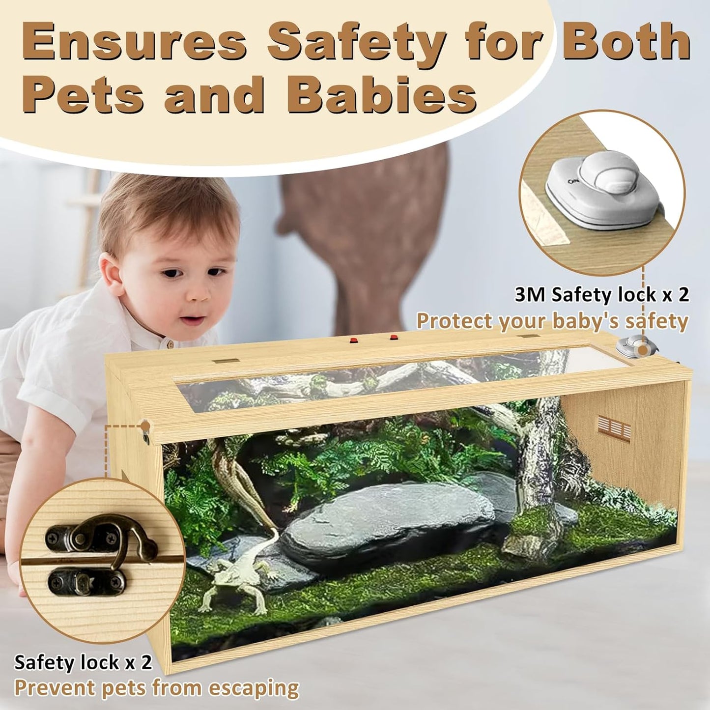 80 Gallon Reptile Terrarium, Large Snake Enclosure, Lizard and Leopard Gecko Tank With Openable Roof Door, Lockable Bearded Dragon Enclosure (Wooden, 48" L x 20" W x 20" H)