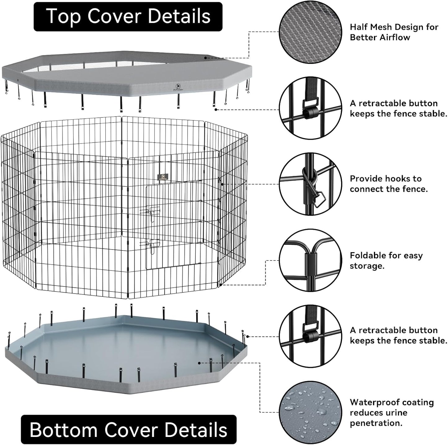 PJYuCien Dog Playpen, 8 Panels 30”H Dog Playpen Indoor with Grey Bottom Pad and Top Cover, Metal Foldable Dog Pen for Indoor Use, Better for Small Medium Animals, Grey