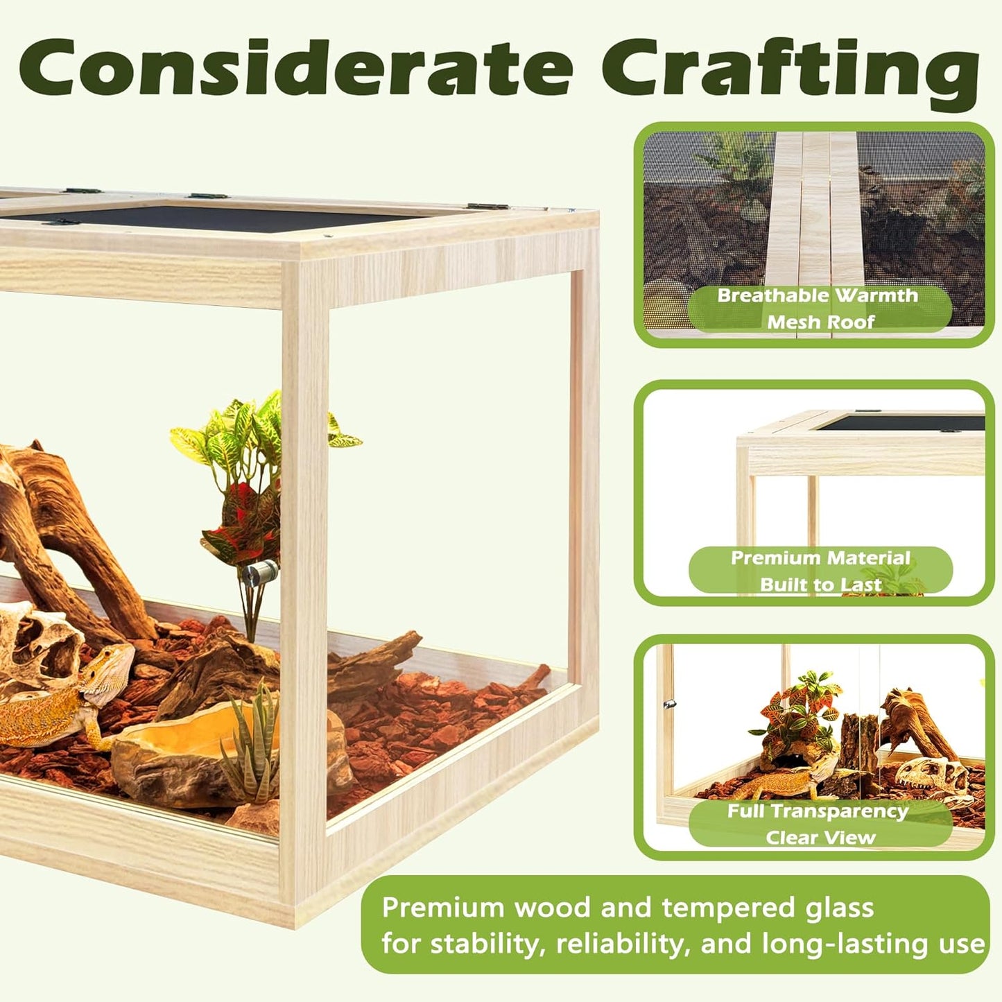 Prolee Tempered Glass Bearded Dragon Tank 37 Gallon, Lizard Tank, Reptile Tank with Metal Mesh Roof Door, Snake Tank with Lock Design, 32" Long, Oak