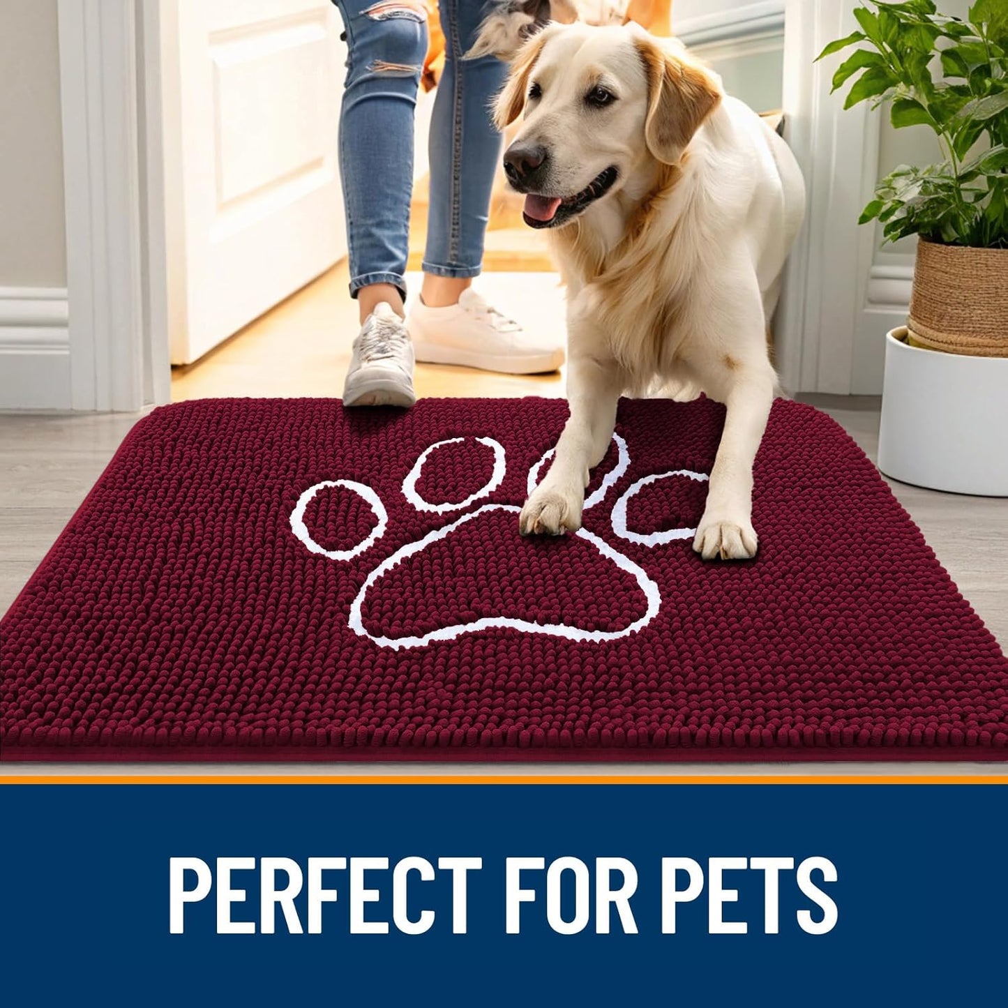 OLANLY Door Mat for Muddy Dog Paws 47x24, Ultra Absorbent Chenille Mud Doormat with Paw Print Design, Non-Slip Washable Doormat for Indoor Entryway, Quick-Dry Pet Bed Mats for Dirty Dogs, Burgundy