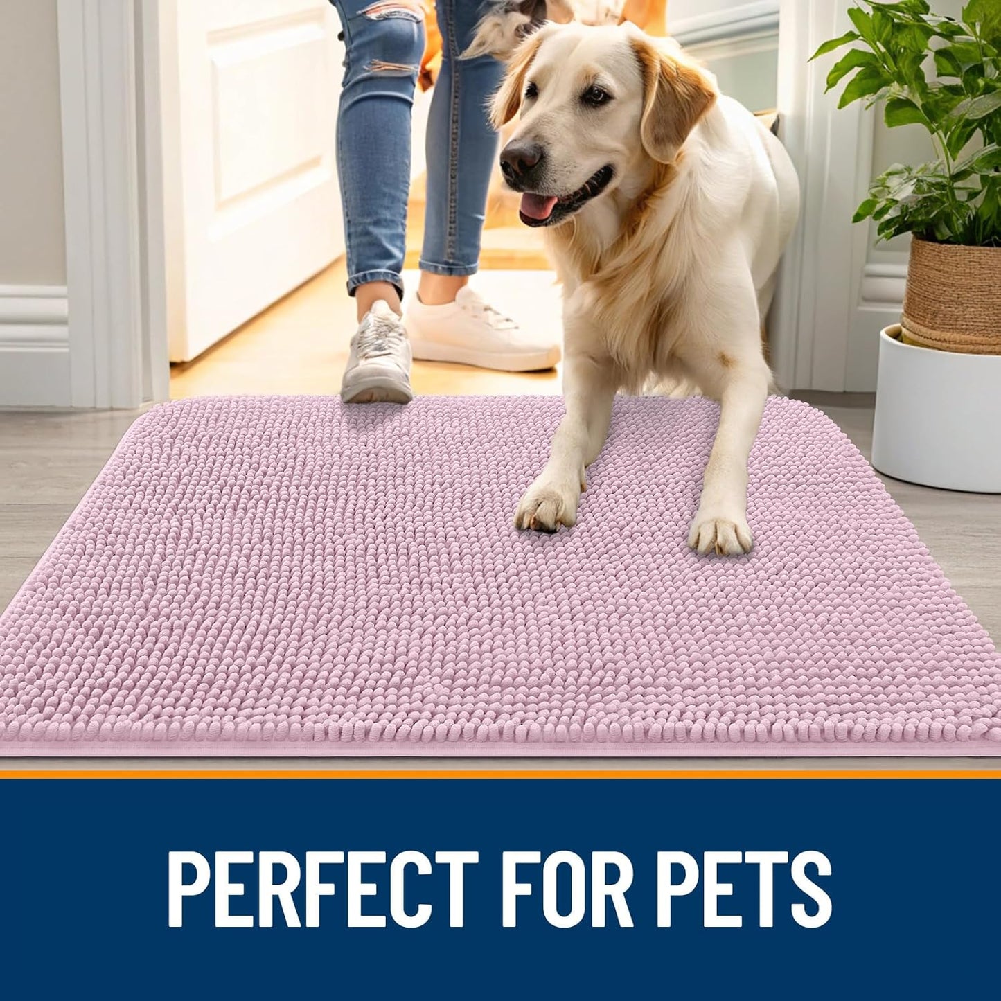 OLANLY Dog Door Mat for Muddy Paws 34x21, Absorbs Moisture and Dirt, Absorbent Non-Slip Washable Doormat, Quick Dry Chenille Mud Mat for Dogs, Entry Indoor Entryway Carpet for Inside Floor, Dusty Rose