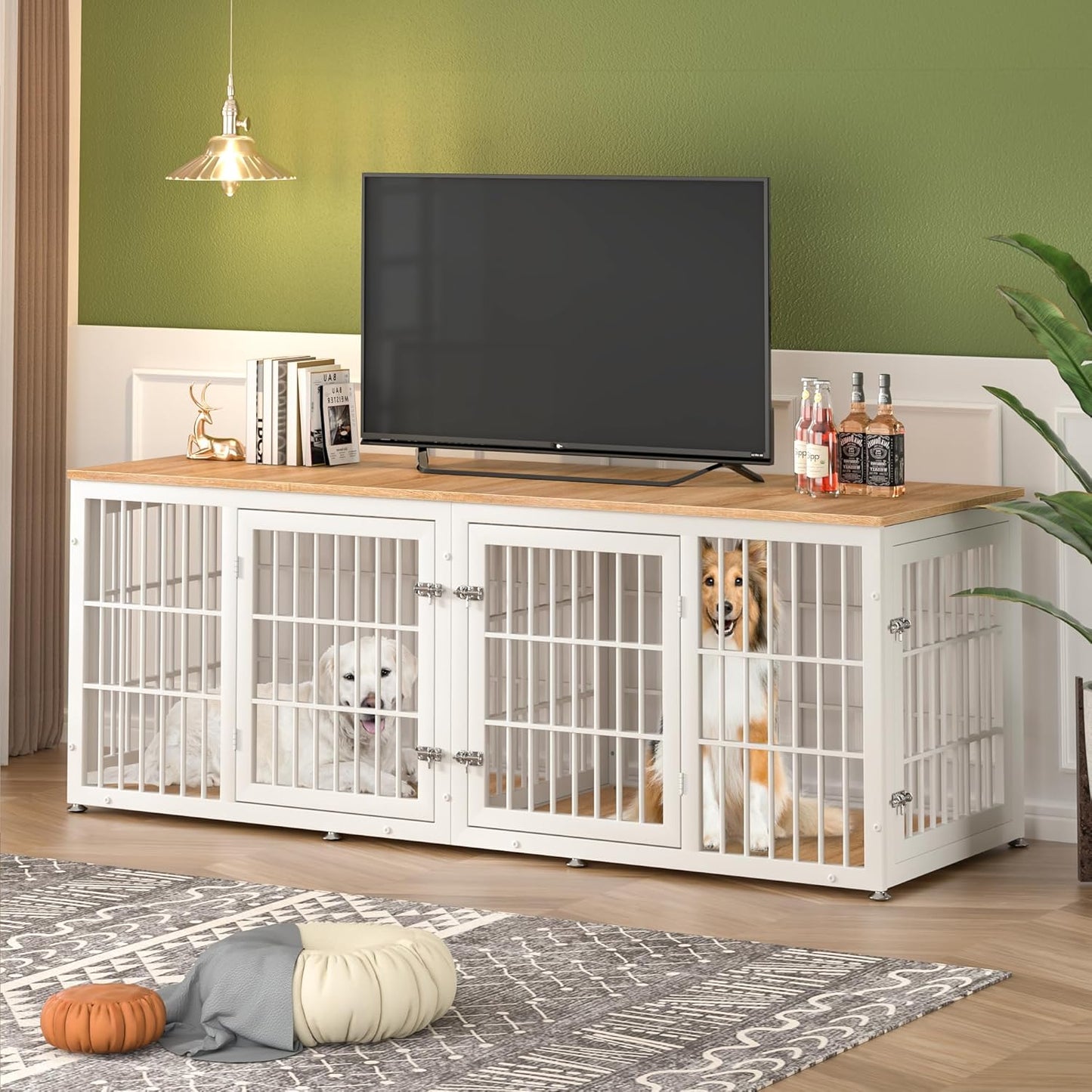 78 Inch Double Dog Crate Furniture, Heavy Duty Extra Large Cage Furniture with Divider for 2 Dogs, Decorative Wooden Kennel Furniture Indoor, Pet House for Large and Medium Dogs, White