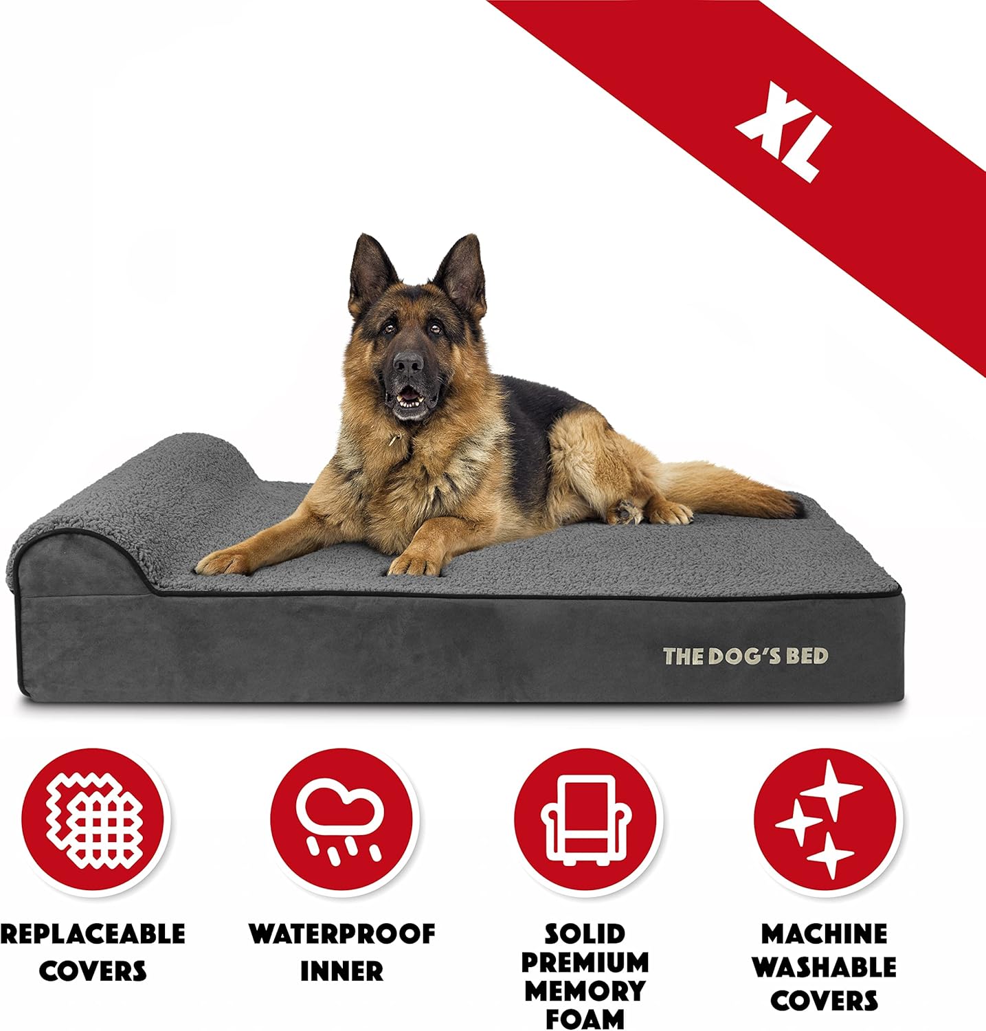 The Dog’s Bed Orthopedic Headrest Dog Bed XL Grey Plush 46x28, Memory Foam, Pain Relief for Arthritis, Hip & Elbow Dysplasia, Post Surgery, Lameness, Veterinary Approved, Waterproof Washable Cover