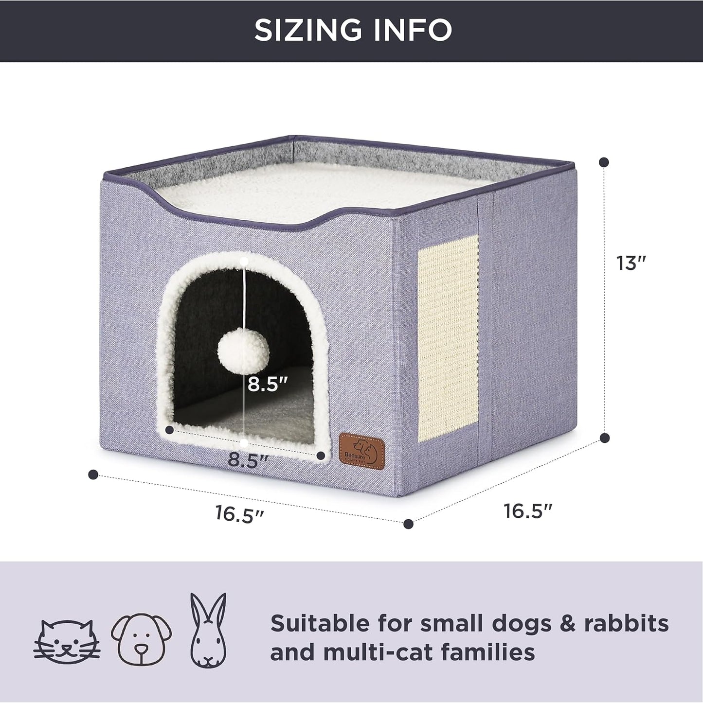 Bedsure Cat Beds for Indoor Cats - Large Cat Cave for Pet Cat House with Fluffy Ball Hanging and Scratch Pad, Foldable Cat Hideaway, 16.5x16.5x13 inches, Cloud Purple