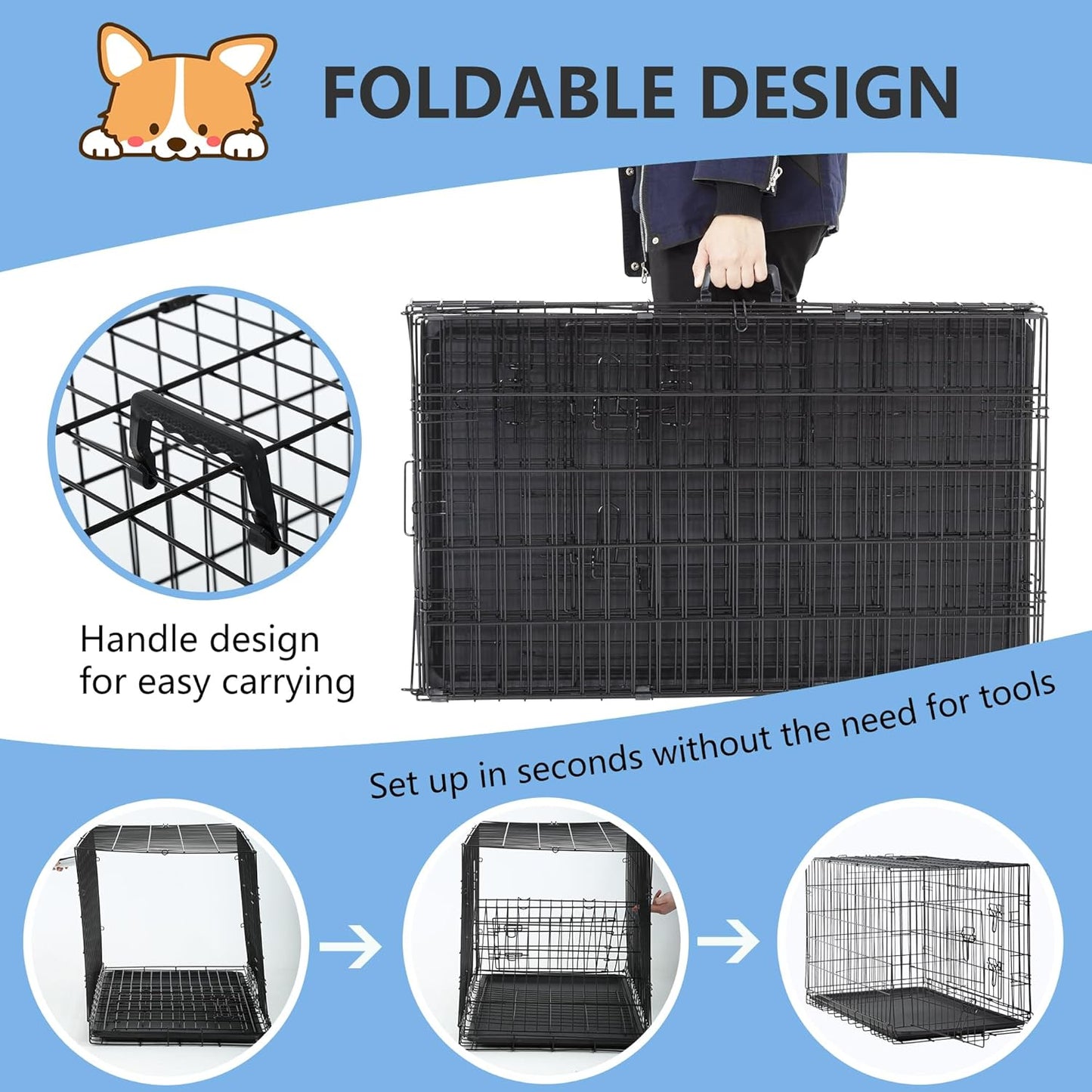 FDW 30 inch Dog Crate Dog Kennel Cage with Double Door Folding Metal Wire Dog Cage with Removable Tray&Divider Panel,Pet Crate for Medium Dogs,Black