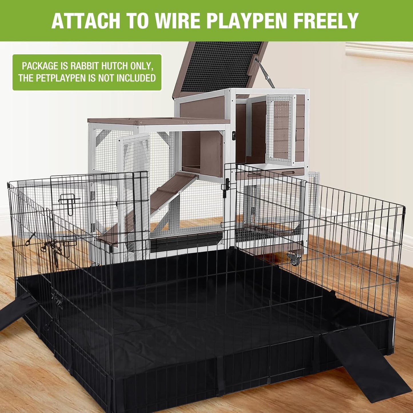 Rabbit Hutch Outdoor Indoor,Two Story Wooden Bunny Cage with Casters,Guinea Pig Cage for Small to Medium Animals with Waterproof Roof and Leakproof Tray