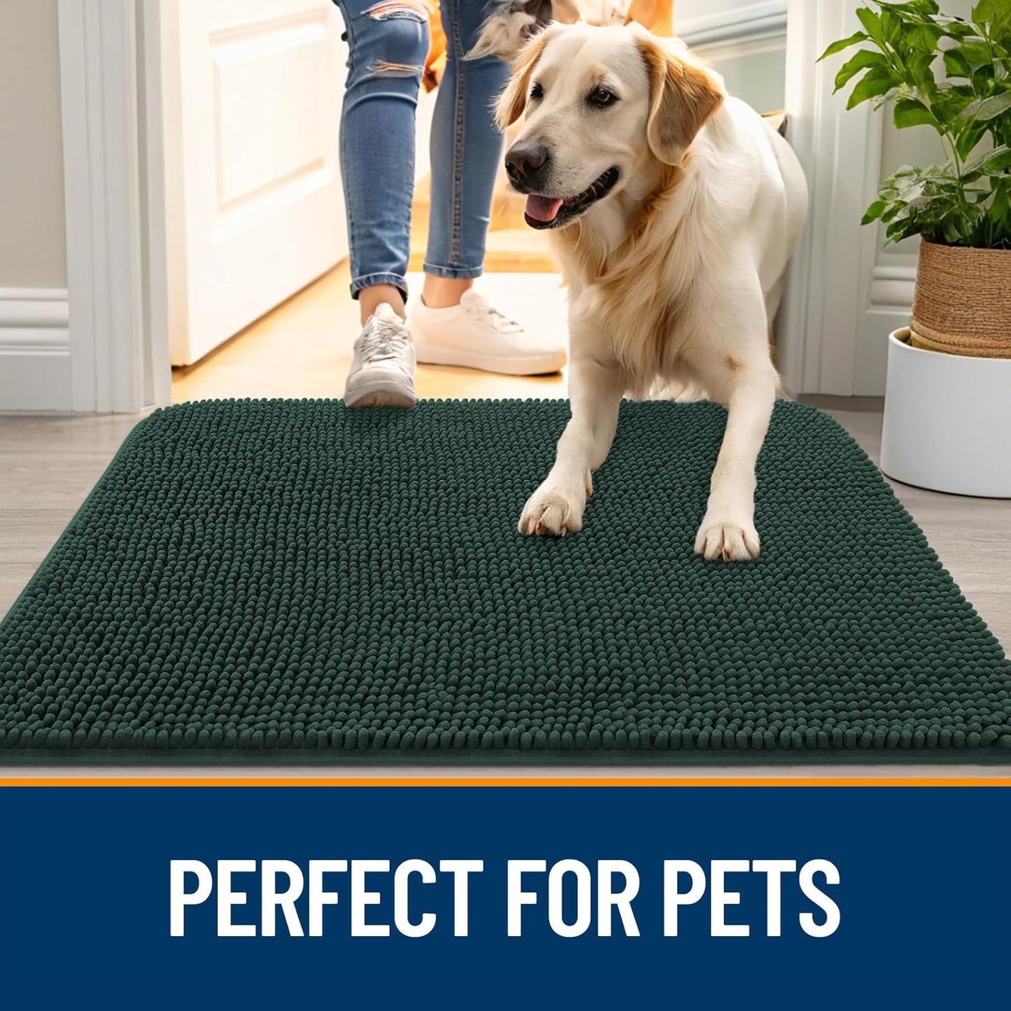OLANLY Dog Door Mat for Muddy Paws 47x20, Absorbs Moisture and Dirt, Absorbent Non-Slip Washable Doormat, Quick Dry Chenille Mud Mat, Entry Indoor Entryway Carpet for Inside Floor, Blackish Green