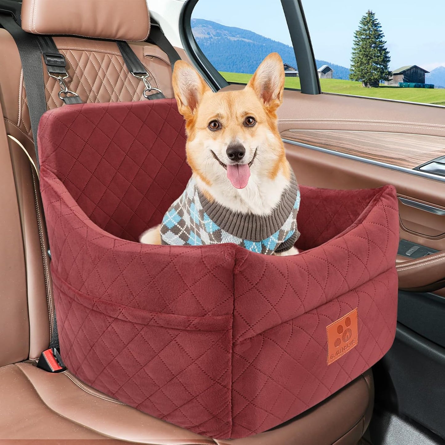 Dog Car Seat for Small/Medium Dogs, Dog Booster Car Seats with Thick Cushion for Dogs Under 35lbs, Detachable Washable Pet Car Seat with Storage Pockets, 2 Safety Belts(Red)