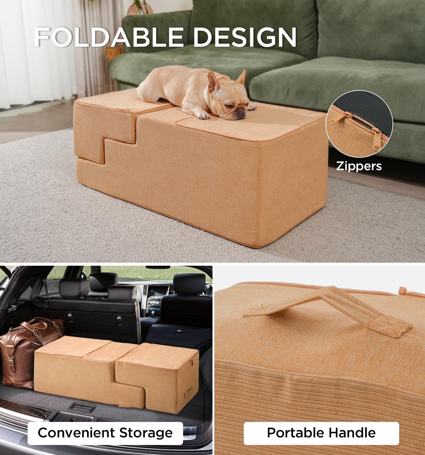 Made4Pets Dog Steps for Bed, Extra Wide Dog Stairs for High Bed Couch Sofa, 35D Foam Pet Steps for Small Dogs and Cats, Non-Slip Bottom Pet Stairs, Tan, 4 Steps