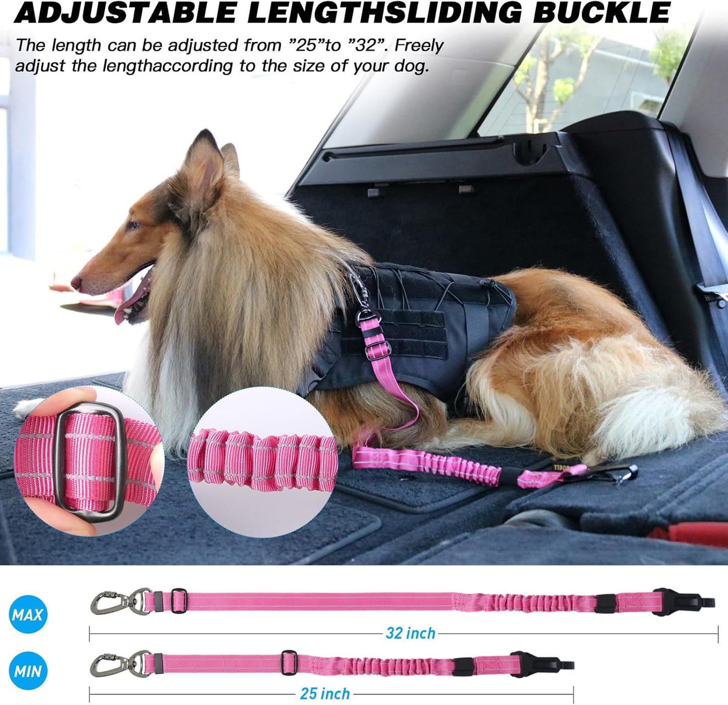 AUBELL Dog Seat Belt for Car,Updated 3-in-1 Adjustable Reflective Bungee Heavy Duty Dog Car Harness Tether with Clip Hook Latch & Buckle,Swivel Zinc Alloy Carabiner,Hotpink