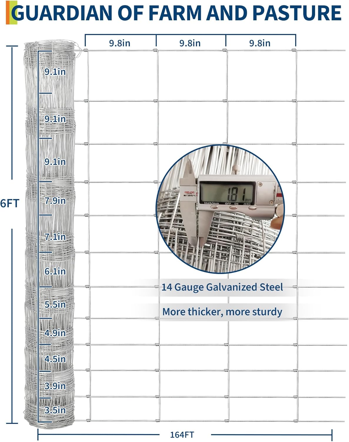 Cattle Farm Fence, 4ft x 164ft Galvanized Wire Fencing for Goat Deer Yard Livestock Animals Protection (Silver, 6x164ft)
