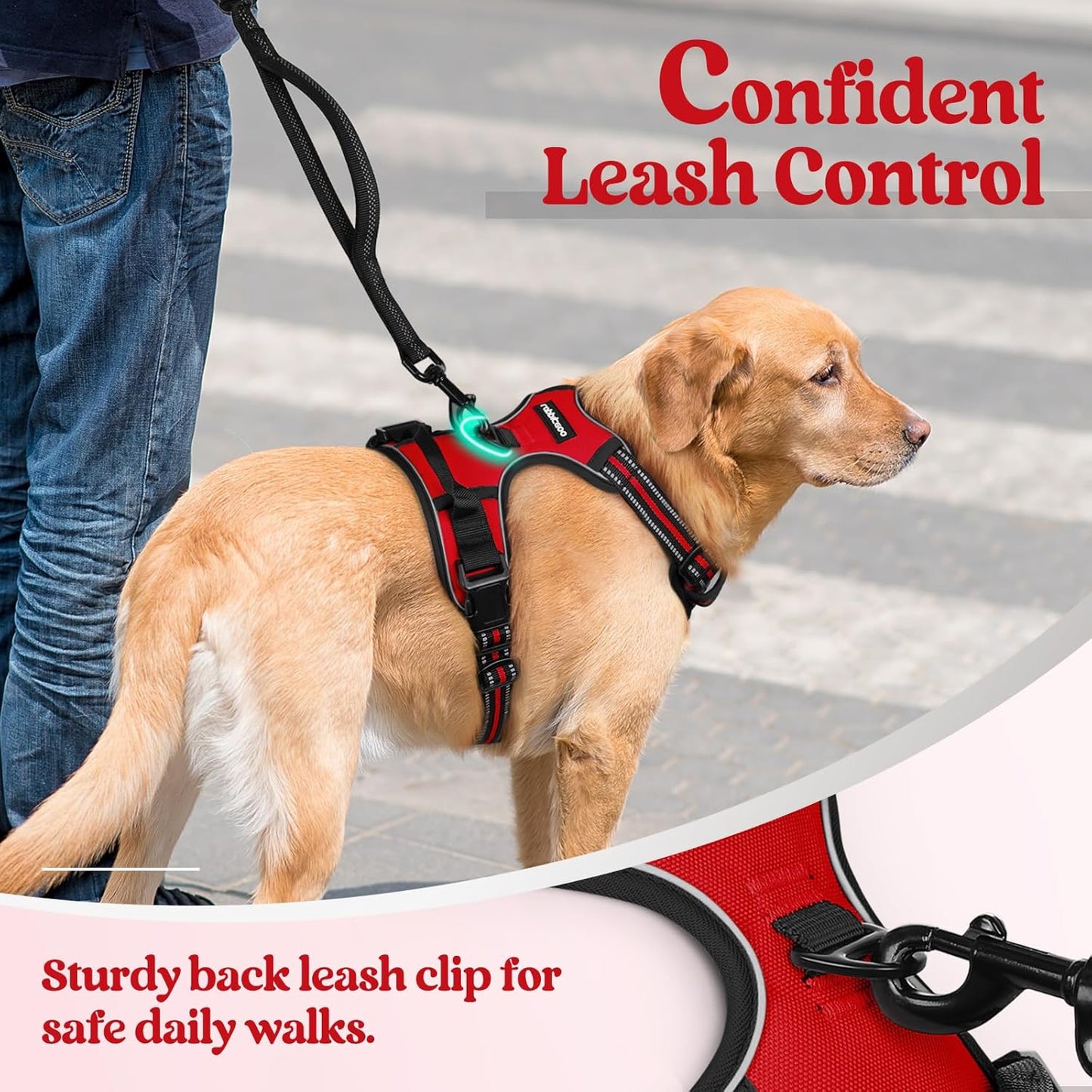 rabbitgoo Dog Harness, No-Pull Pet Harness with 2 Leash Clips, Adjustable Soft Padded Dog Vest, Reflective No-Choke Pet Oxford Vest with Easy Control Handle for Large Dogs, Red, L