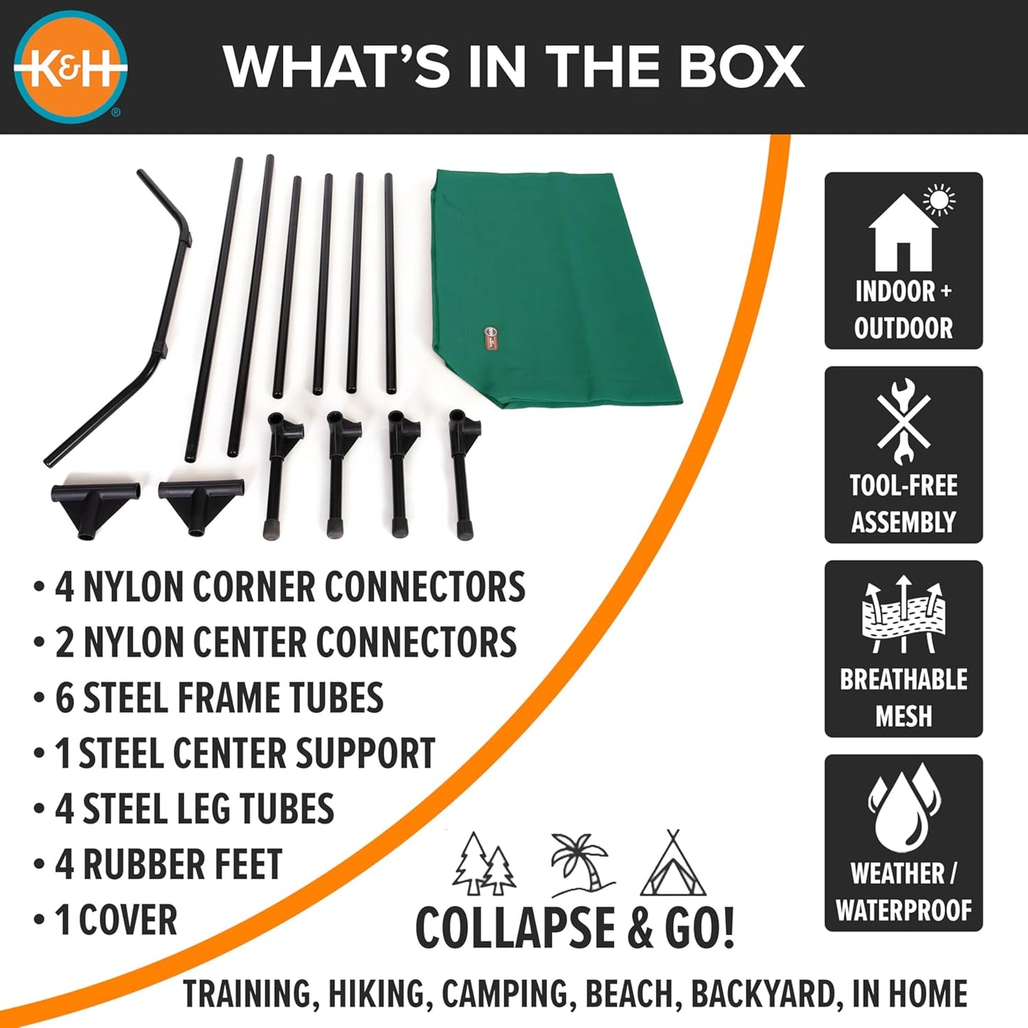 K&H Pet Products Outdoor Elevated Dog Cot, Cooling Raised Bed with Waterproof Breathable Mesh for Large Dogs, Portable Pet Bed with Heavy-Duty Metal Frame, Oversized Hammock Style - Extra-Large Green