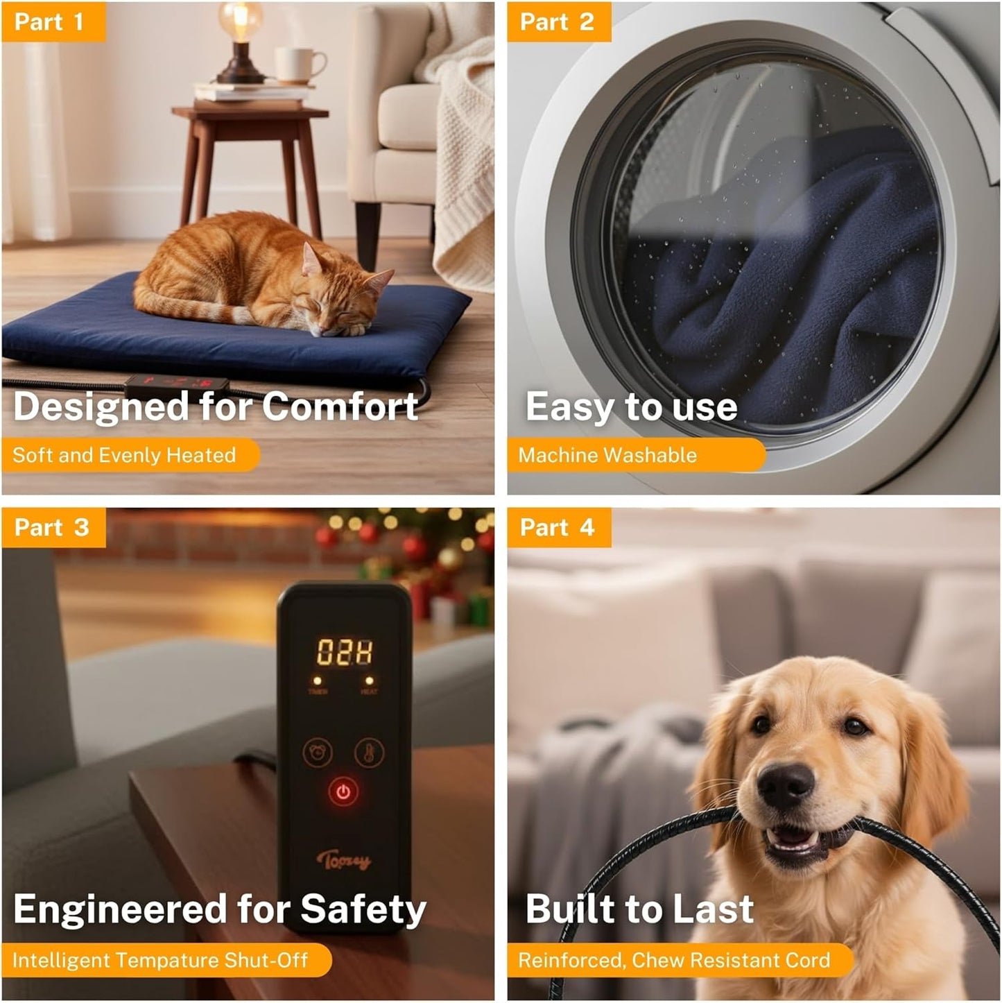 Toozey Large Pet Heating Pad, 6 Adjustable Temperature Dog Cat Heating Pad with Timer, Waterproof Heated Dog Bed with Chew Resistant Cord, Indoor Electric Pet Heated Mat 35x24in