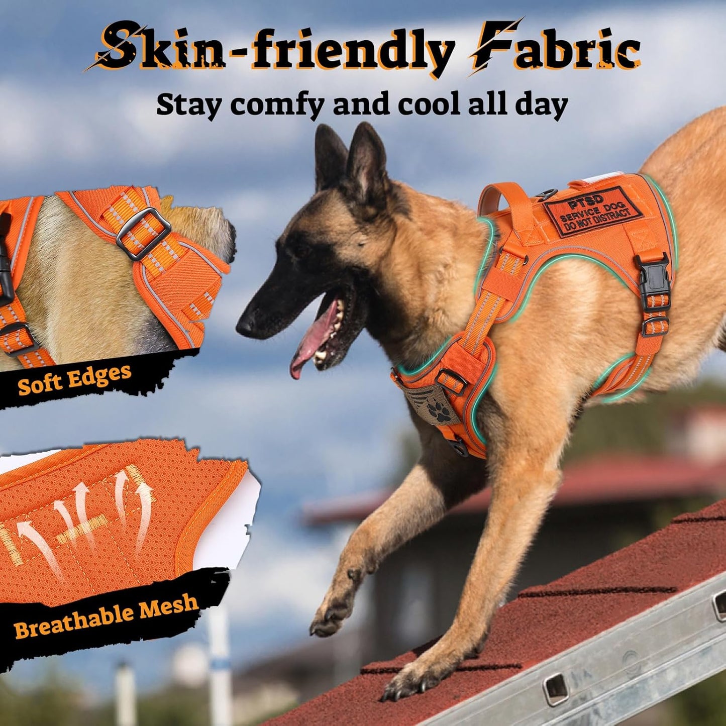 rabbitgoo Dog Harness for Large Dogs No Pull, Tactical Service Pet Vest with Molle and Control Handle, Adjustable and Reflective Military Harness for Easy Walking and Training, Orange, XL