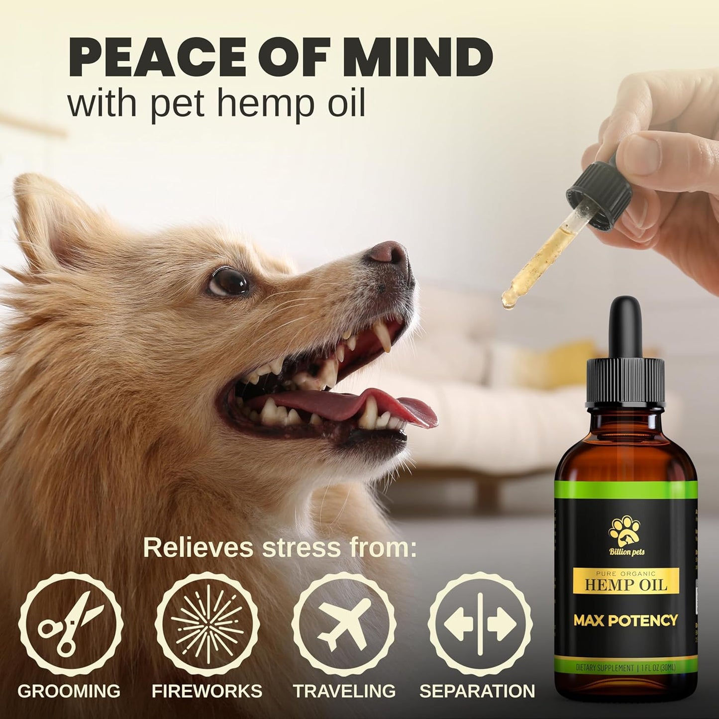 Billion Pets - Hemp Oil for Dogs and Cats - Helps with Anxiety, Pain, Stress, Sleep, Arthritis, Seizures Relief - Hip and Joint Support - Calming Drops