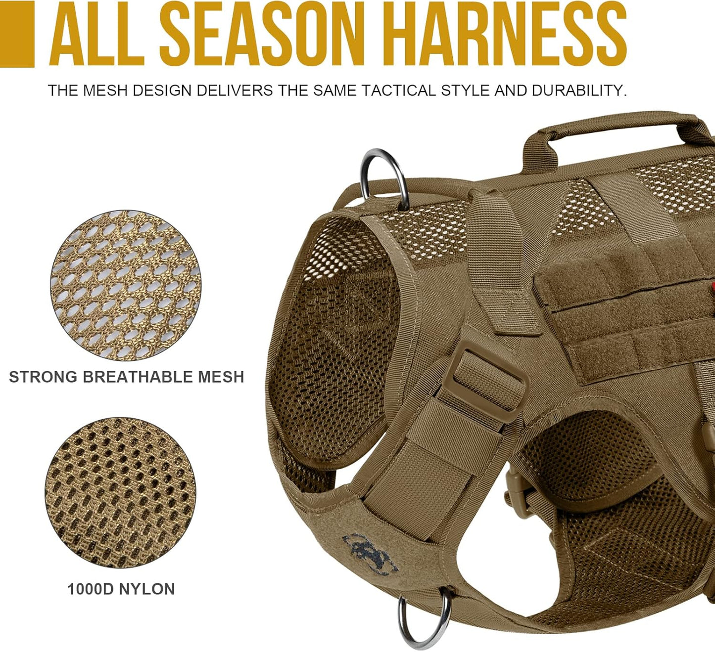 OneTigris Tactical Dog Harness for Small Dogs, No Pull Small Dog Vest Harness Breathable Military Dogs Molle Vest with Handles, Walking Hiking Training (Brown, XS)