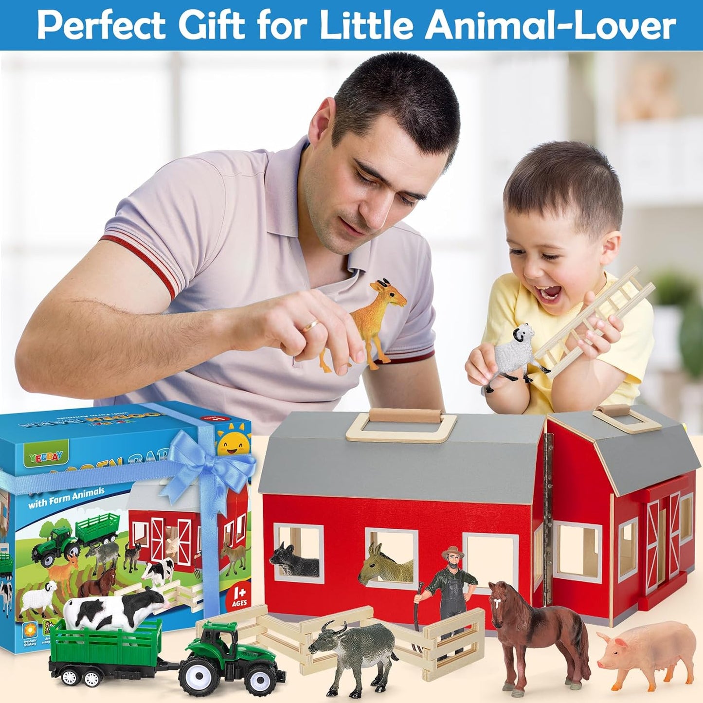 YEEBAY Farm Animals Toys for 3+ Year Old Kids Toddlers Girls Boys, Large Wooden Barn with Animal Play Figures, Farm Playset Educational Learning Toys, Ideal Christmas Birthday Gifts