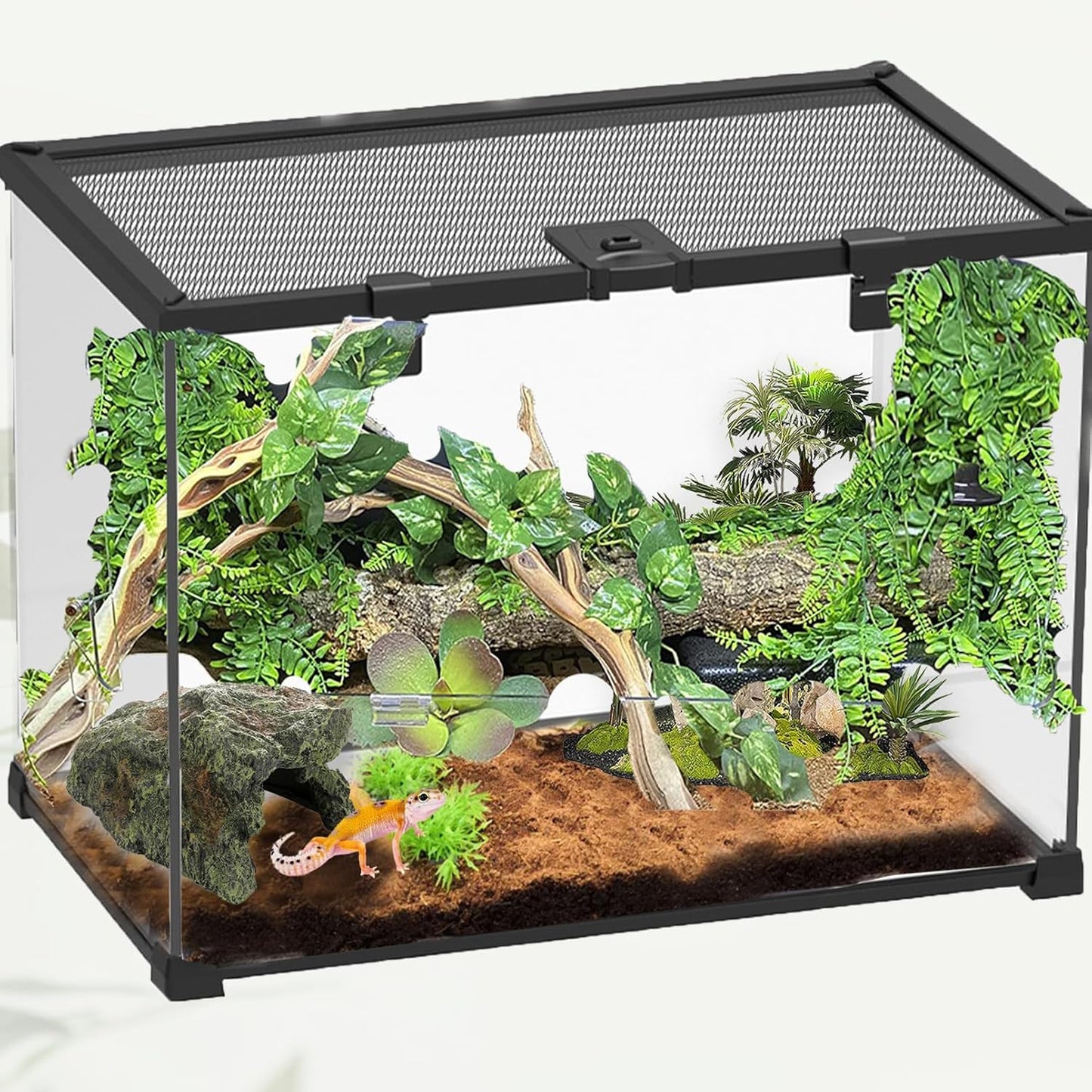 kathson Reptile Rock Hideout Cave,Tortoise Hide Caves,Resin Hides Shelter,Reptile Green Plant Decoration Habitat Decor Terrarium Accessories for Lizards Bearded Dragon Gecko Turtles Spiders