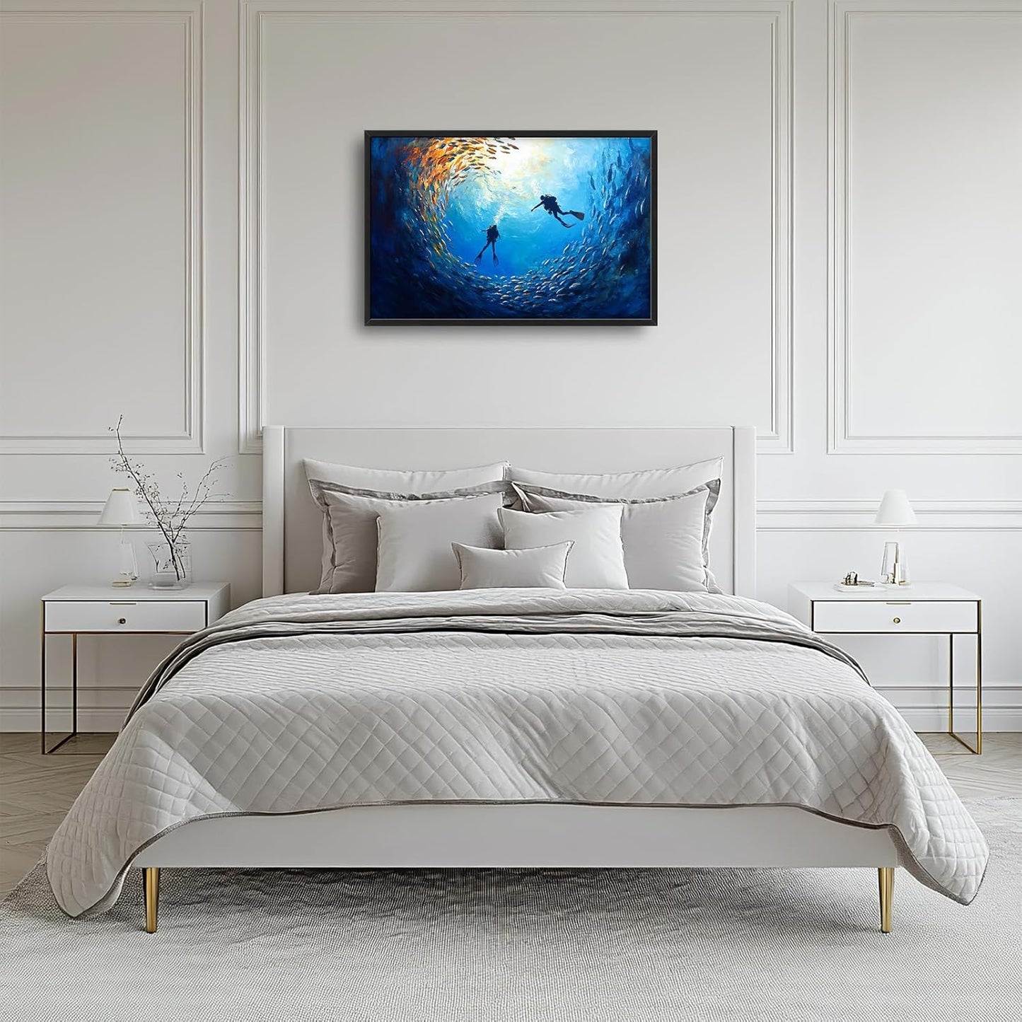 Large Ocean Diving Wall Art for Living Room, Framed Oversized Fish Wall Decor Underwater Marine Life Canvas Painting Modern Artwork for Living Room Bathroom Bedroom Office Dining Room 36"x24"