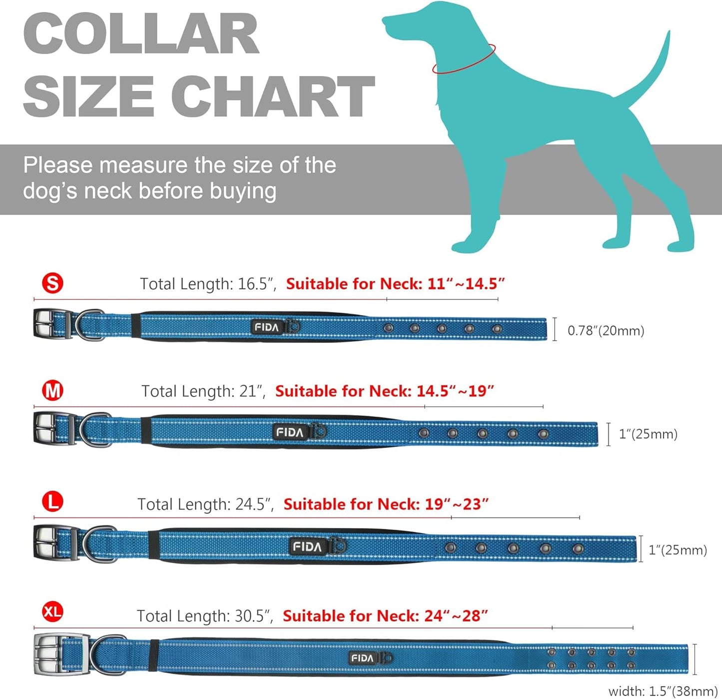 Fida Heavy Duty Dog Collar 1.5” Width, Ultra Soft Neoprene Padded, Adjustable Reflective Nylon Pet Collar with Two Metal Pin Belt Buckle for Extra-Large Breeds (XL, Blue)