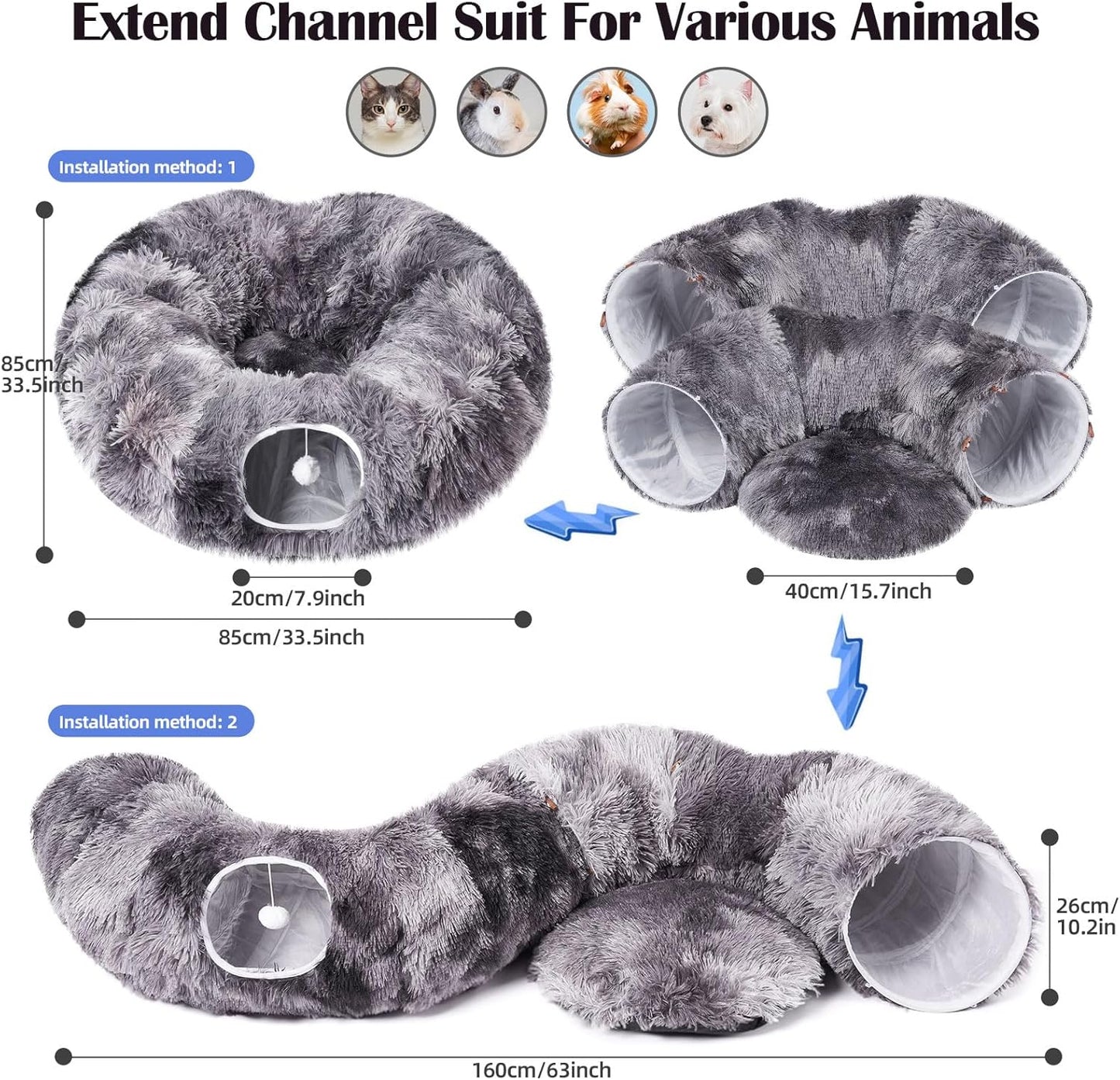 Odoland Cat Tunnels for Indoor Cats with Fluffy Plush Central Cat Couch and 20 Cat Toys, Tunnel Bed for Cats with Hanging Ball, Detachable Soft Mat and Variety Kitty Toy Set, Grey