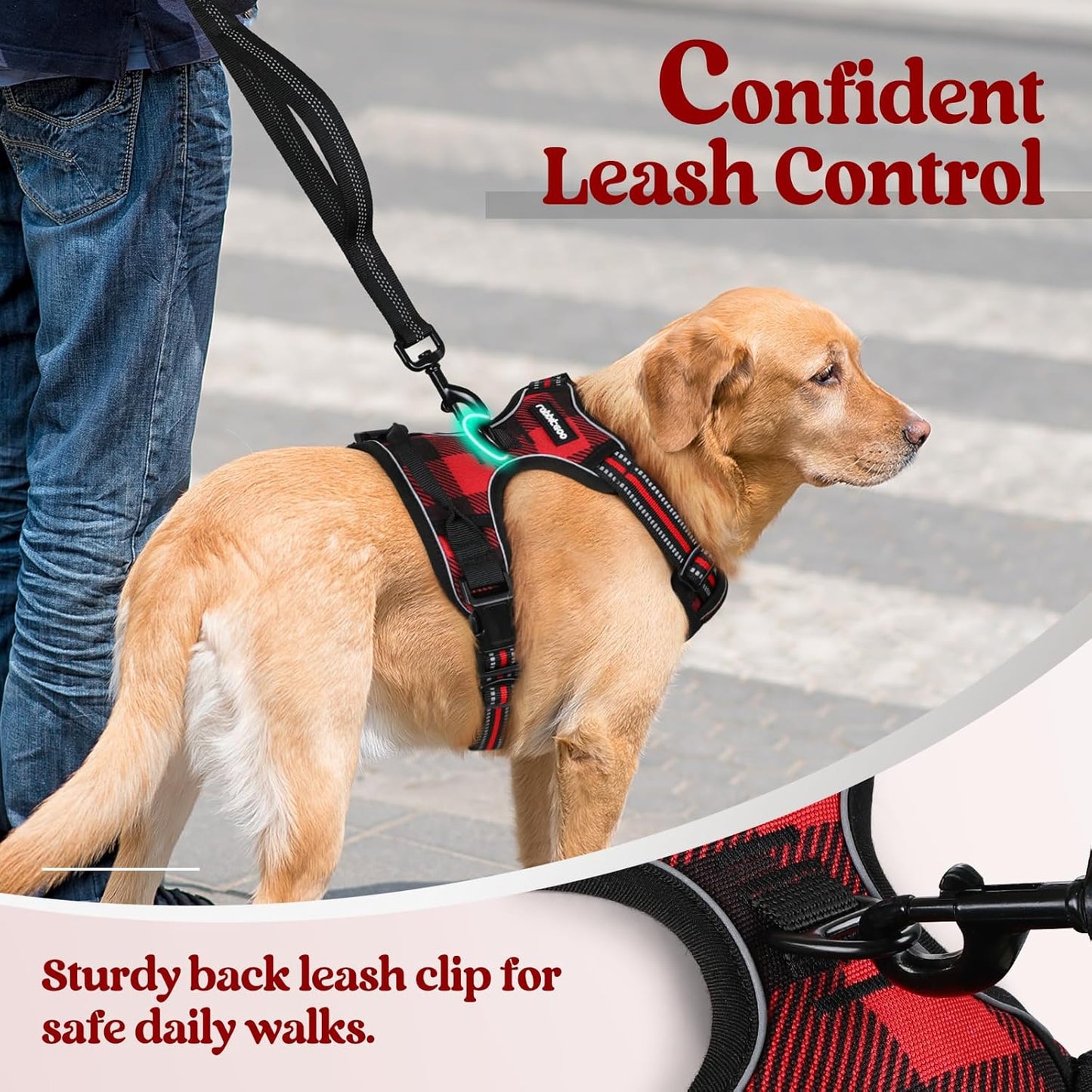 rabbitgoo Dog Harness No Pull with 2 Leash Clips, Adjustable Soft Padded, Reflective Oxford No Choke Pet Vest with Easy Control Handle for Large Dogs, Red Plaid, L