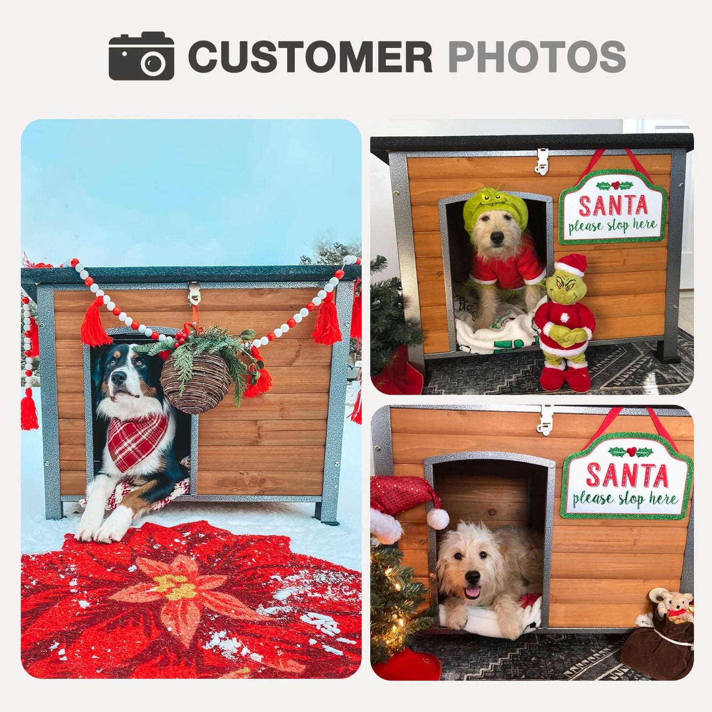 Wooden Dog House Outdoor with Iron Frame, Weatherproof Dog Kennel with Removable Floor, Anti Bite Puppy Shelter with Openable Roof (Brown, 33.5'' x 25.2'' x 22'')